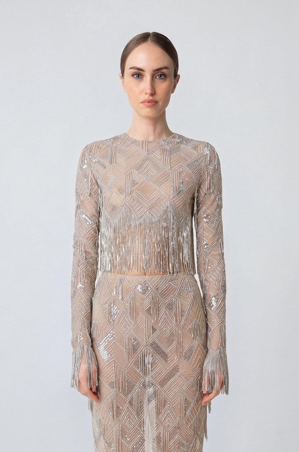 Geometric Crystal Fringe Cropped Top
