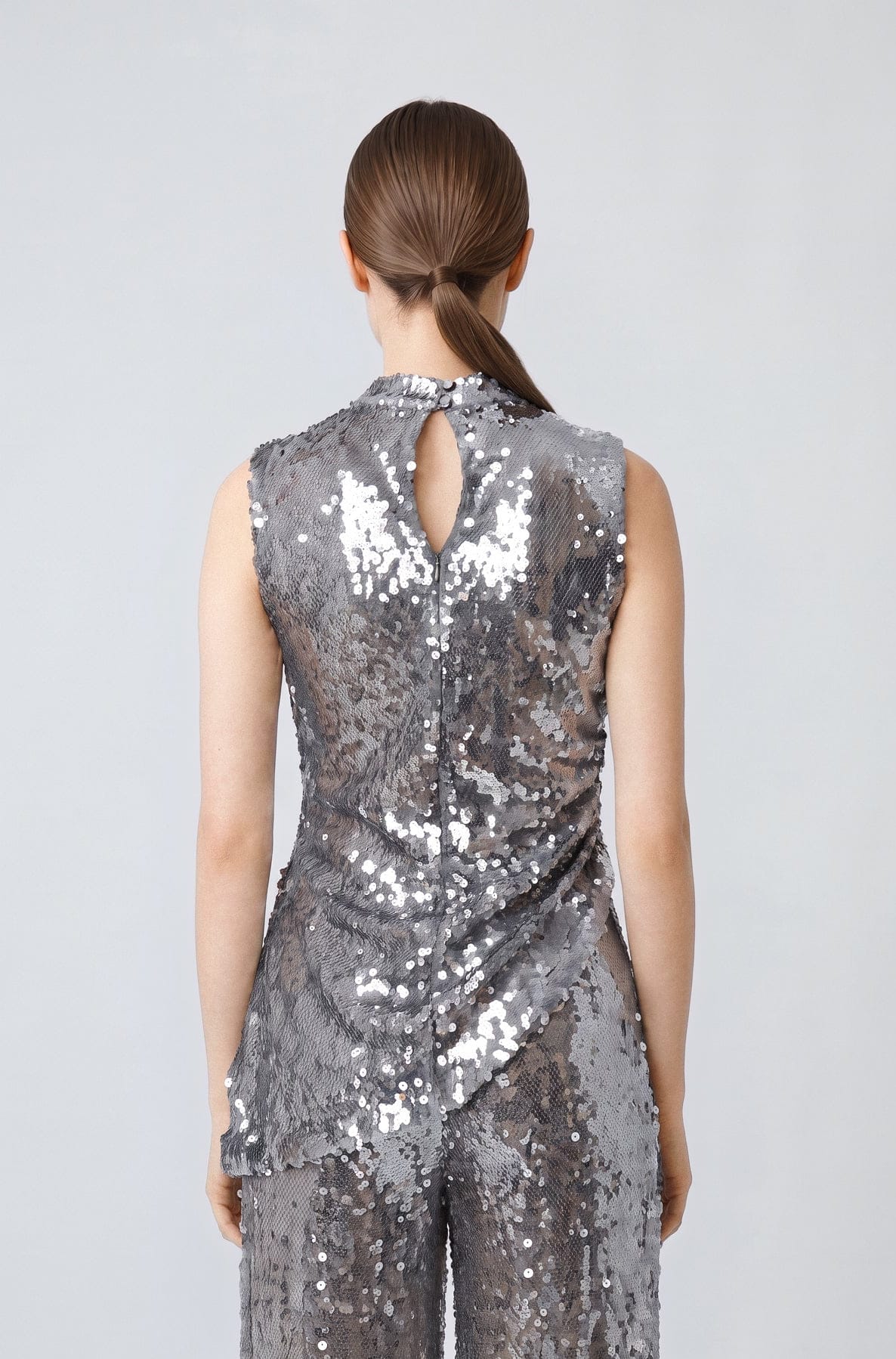 Mesh Sequin Mockneck Top With Pleats