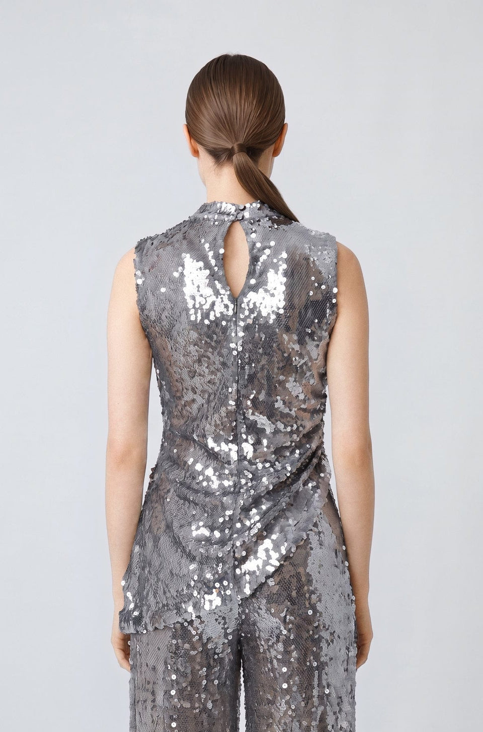 Mesh Sequin Mockneck Top With Pleats