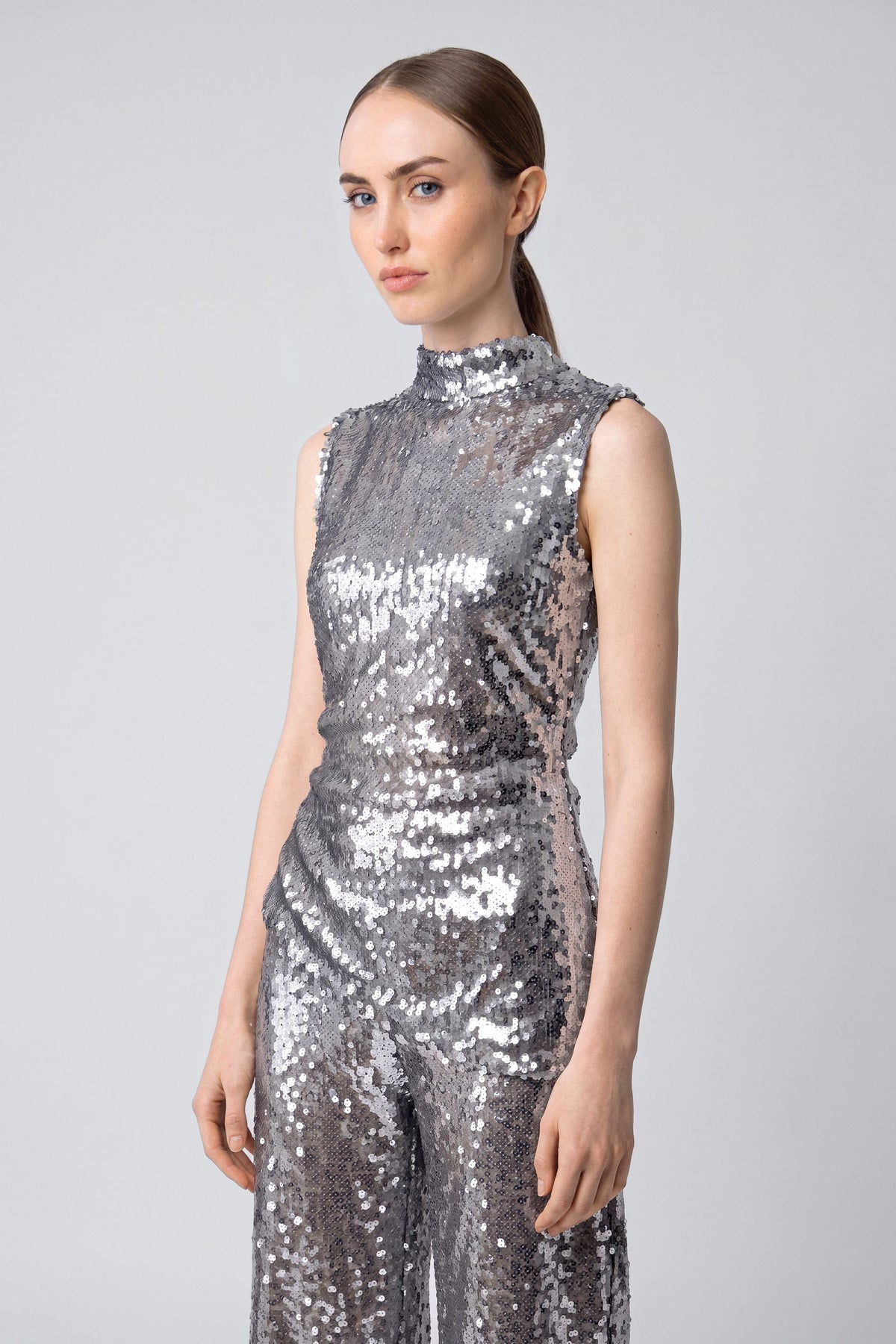 Mesh Sequin Mockneck Top With Pleats