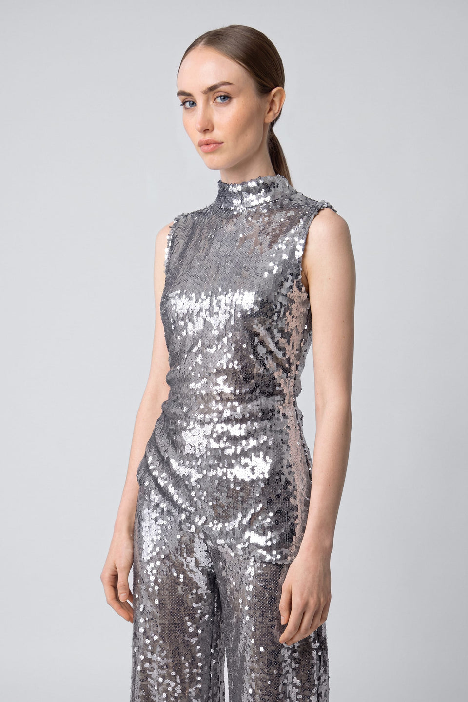 Mesh Sequin Mockneck Top With Pleats