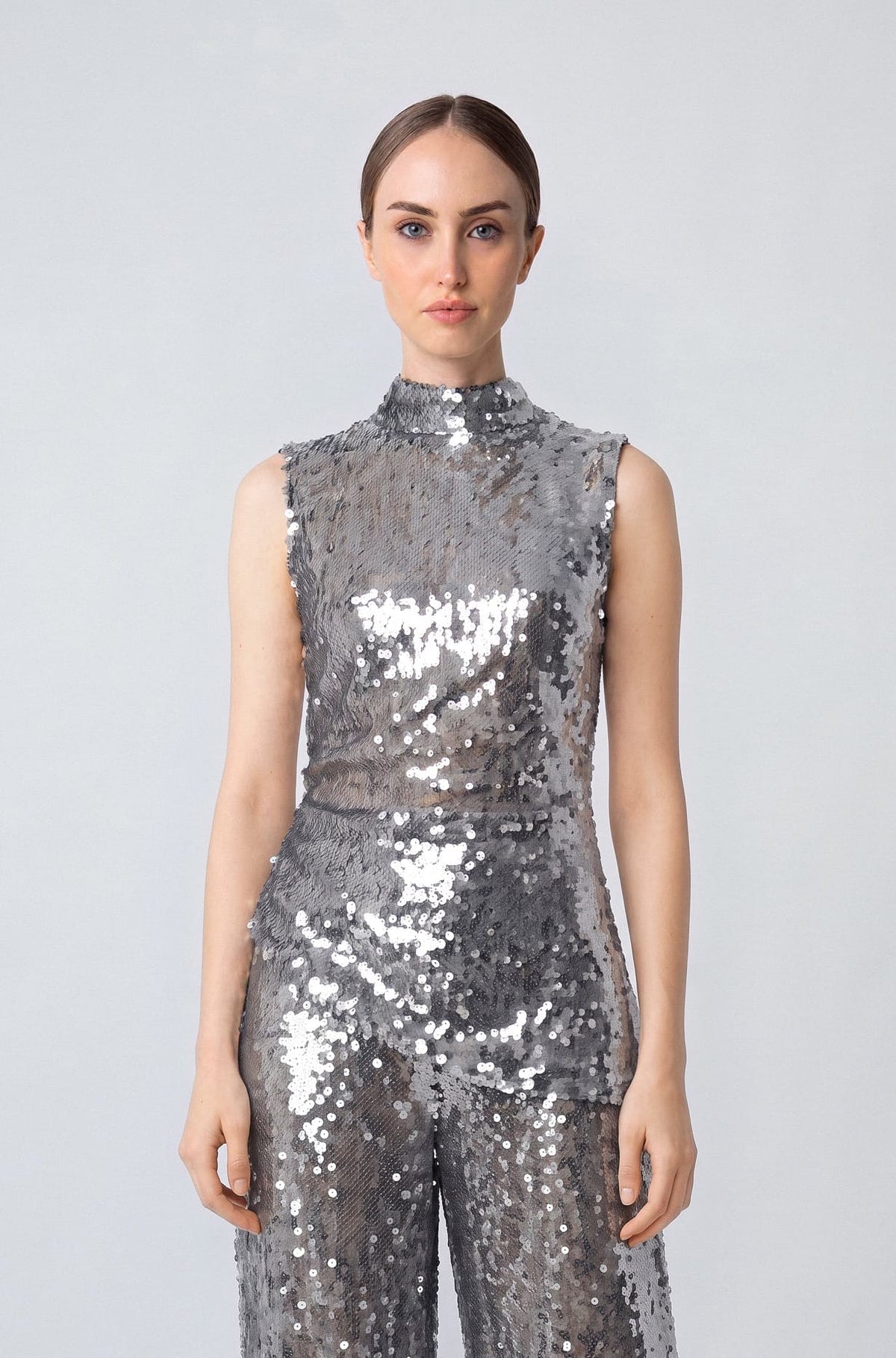 Mesh Sequin Mockneck Top With Pleats