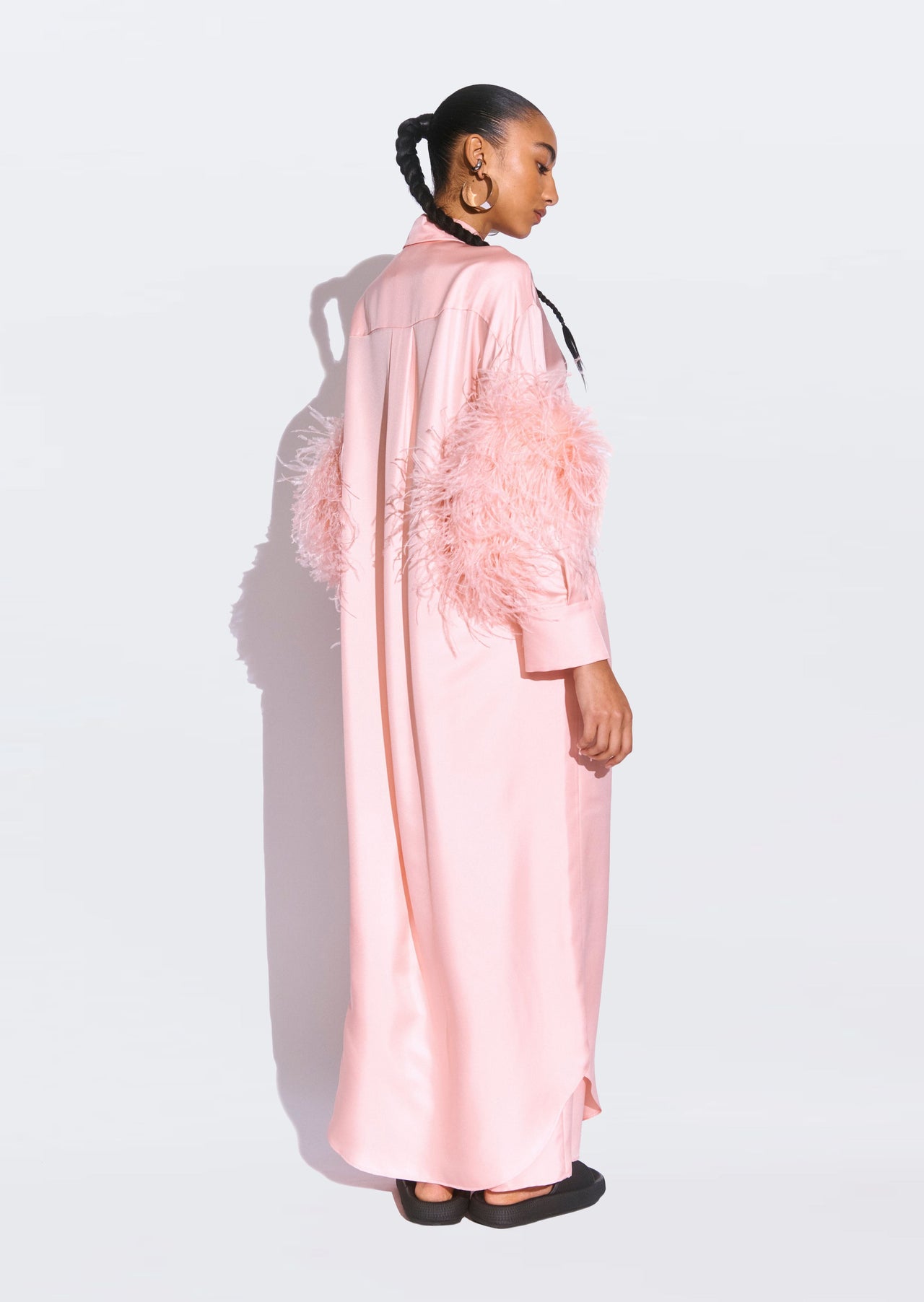 Silky Twill Button Down Dress With Feathers