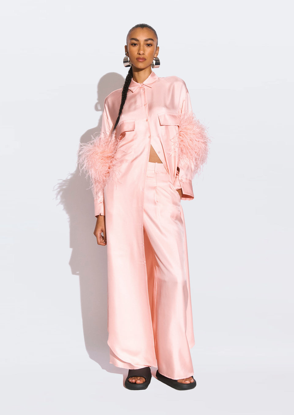 Silky Twill Button Down Dress With Feathers