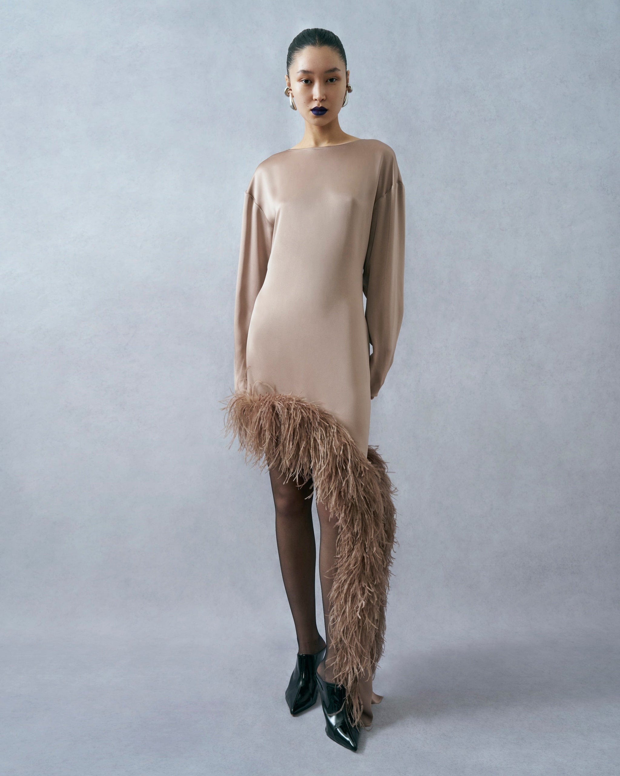 Satin Asymmetrical Dress With Feathers in Oat Tan | LAPOINTE Satin Asymmetrical Dress With Feathers in Oat Tan | LAPOINTE