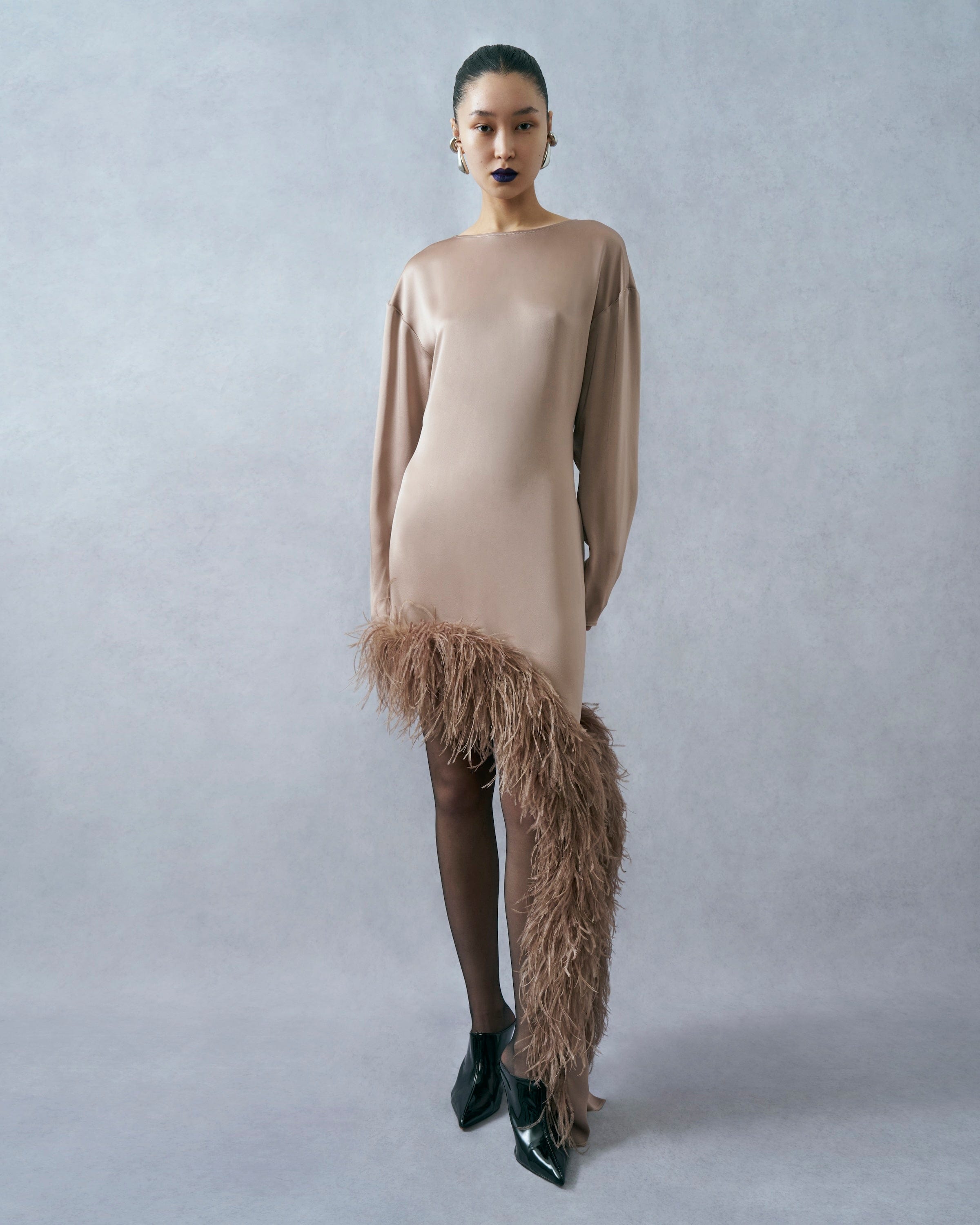 Satin Asymmetrical Dress With Feathers - LAPOINTE