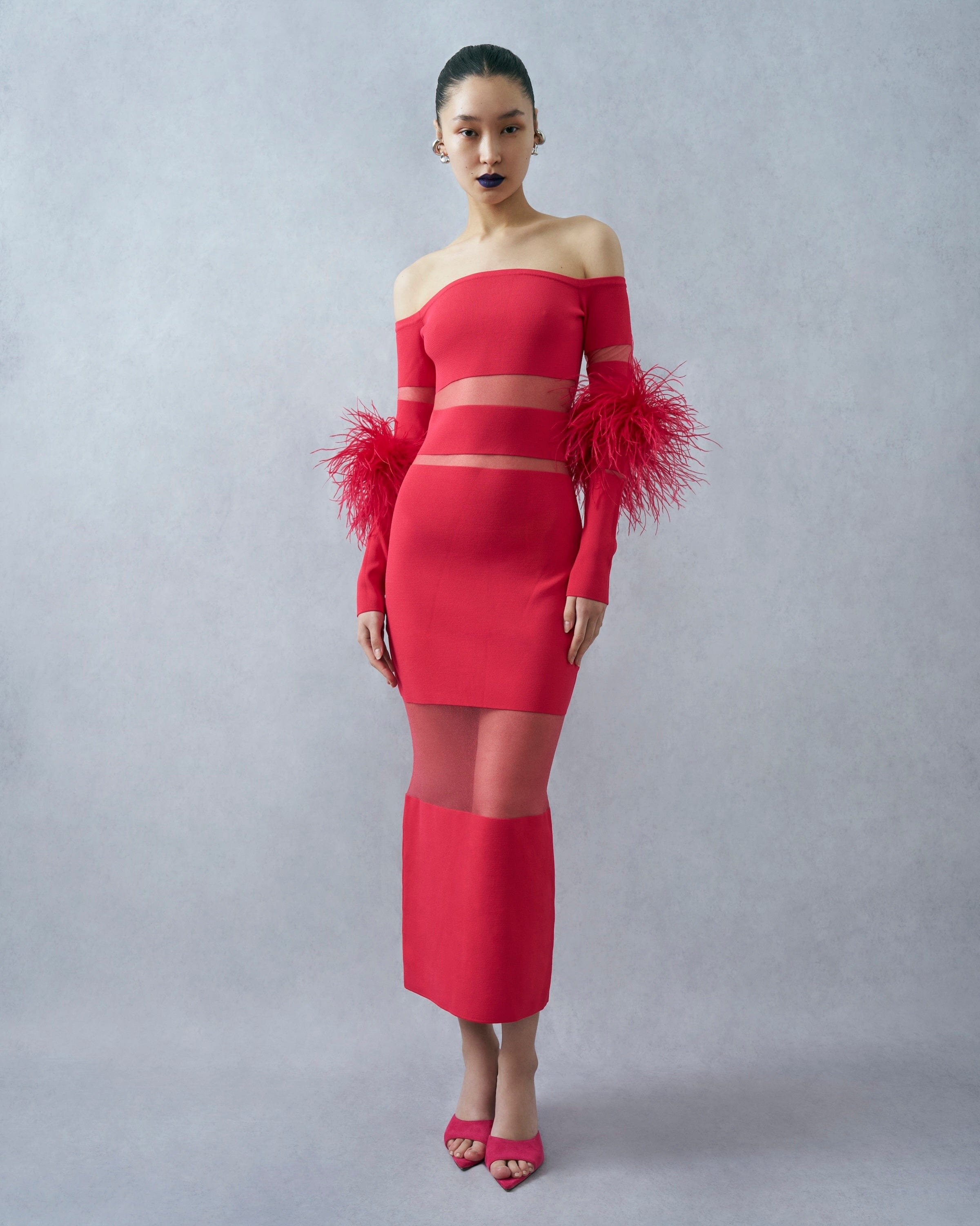 Matte Viscose Intarsia Dress With Feathers - LAPOINTE