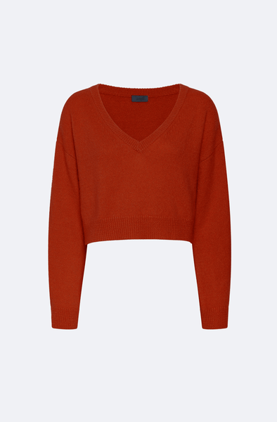 Cashmere Cropped V Neck Sweater in Rust Orange | LAPOINTE Cashmere Cropped V Neck Sweater in Rust Orange | LAPOINTE