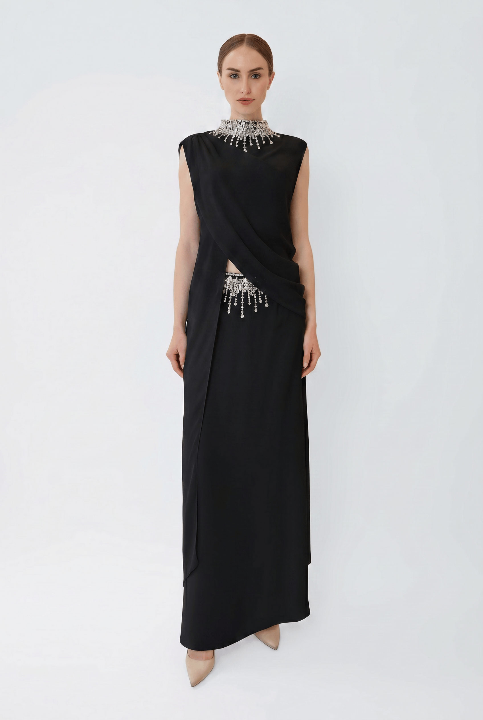 Georgette Draped Scarf Top With Embroidery