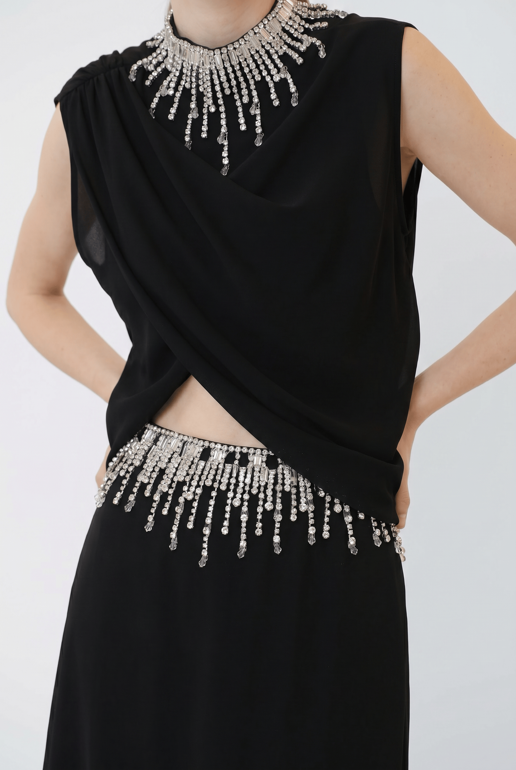 Georgette Draped Scarf Top With Embroidery