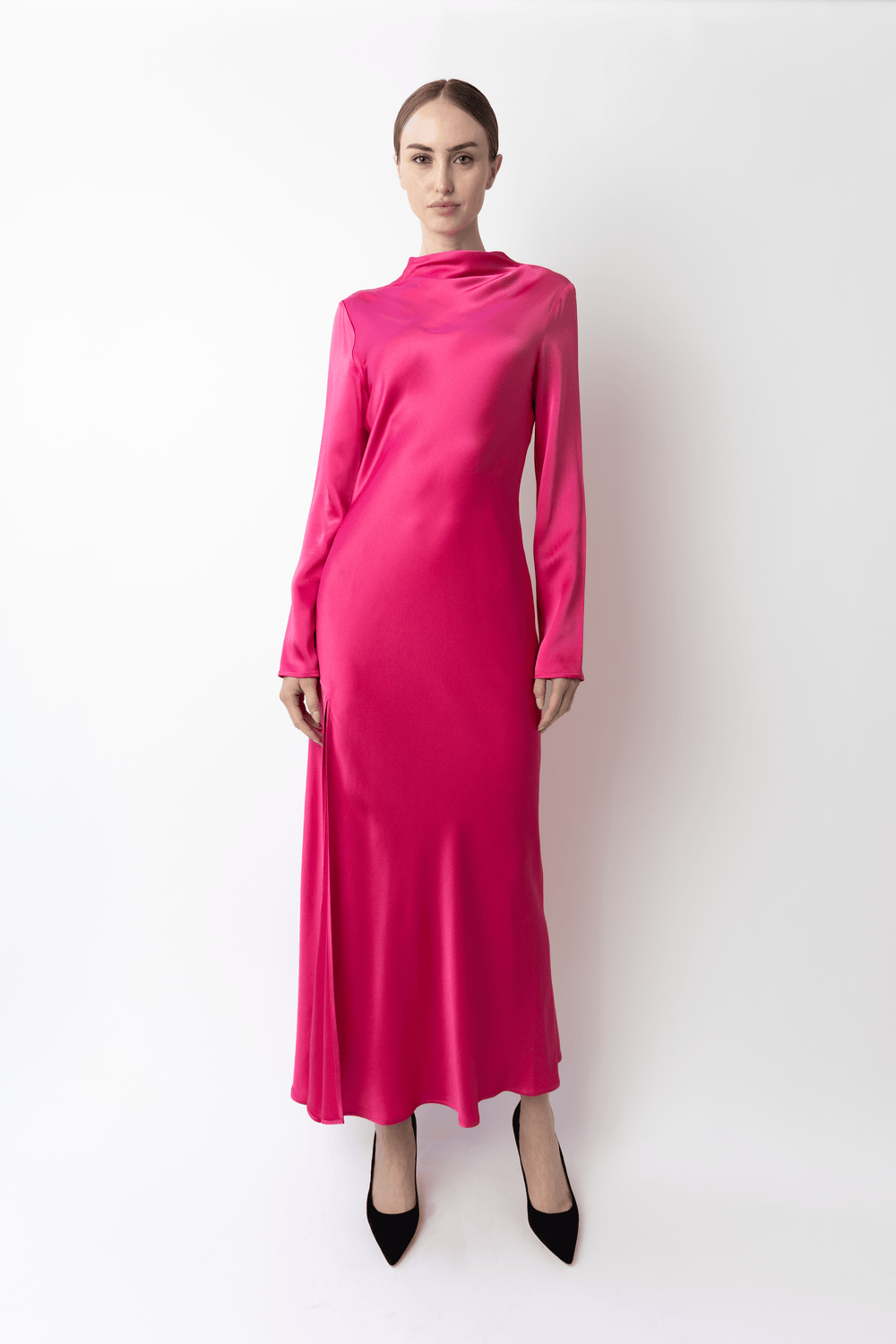 pink satin long sleeve maxi dress LAPOINTE Satin Draped Neck Bias Dress