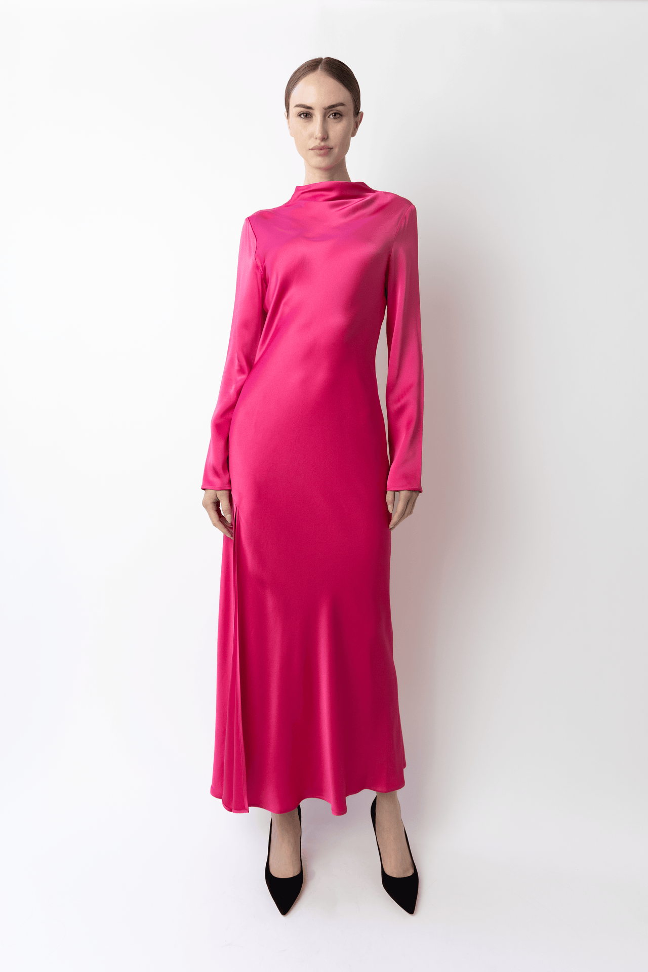 Satin Draped Neck Bias Dress