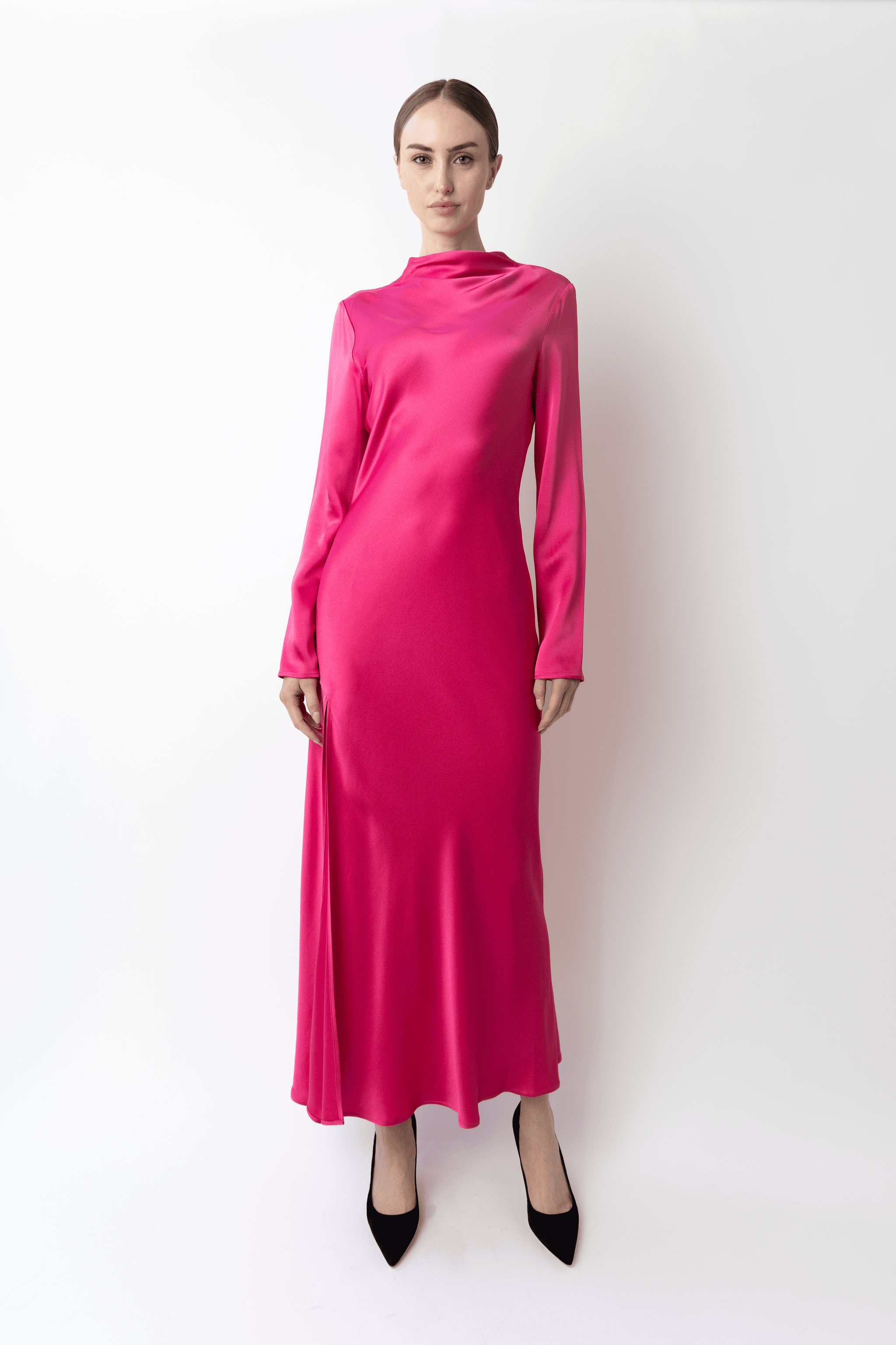 Satin Draped Neck Bias Dress - LAPOINTE