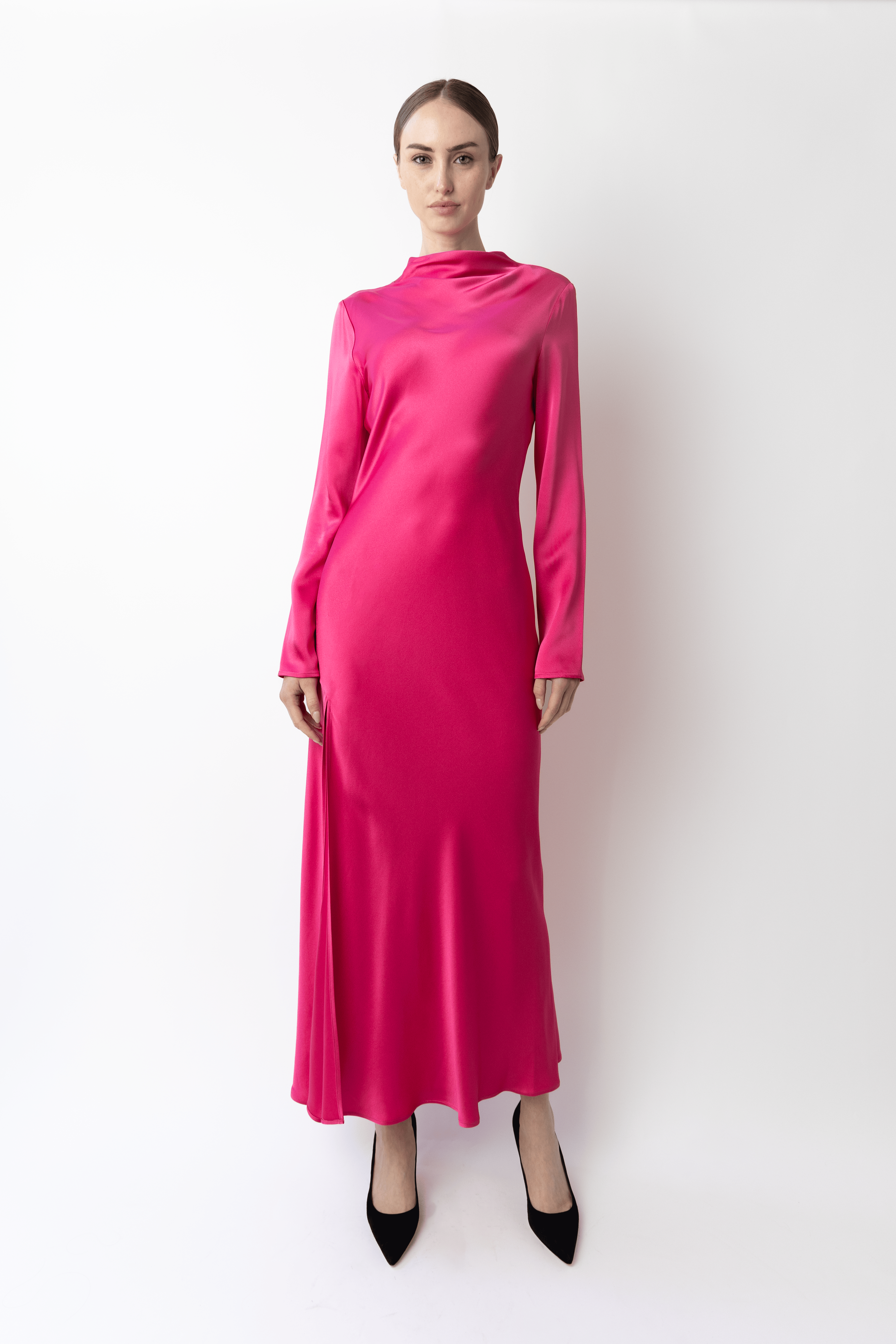 Satin Draped Neck Bias Dress - LAPOINTE