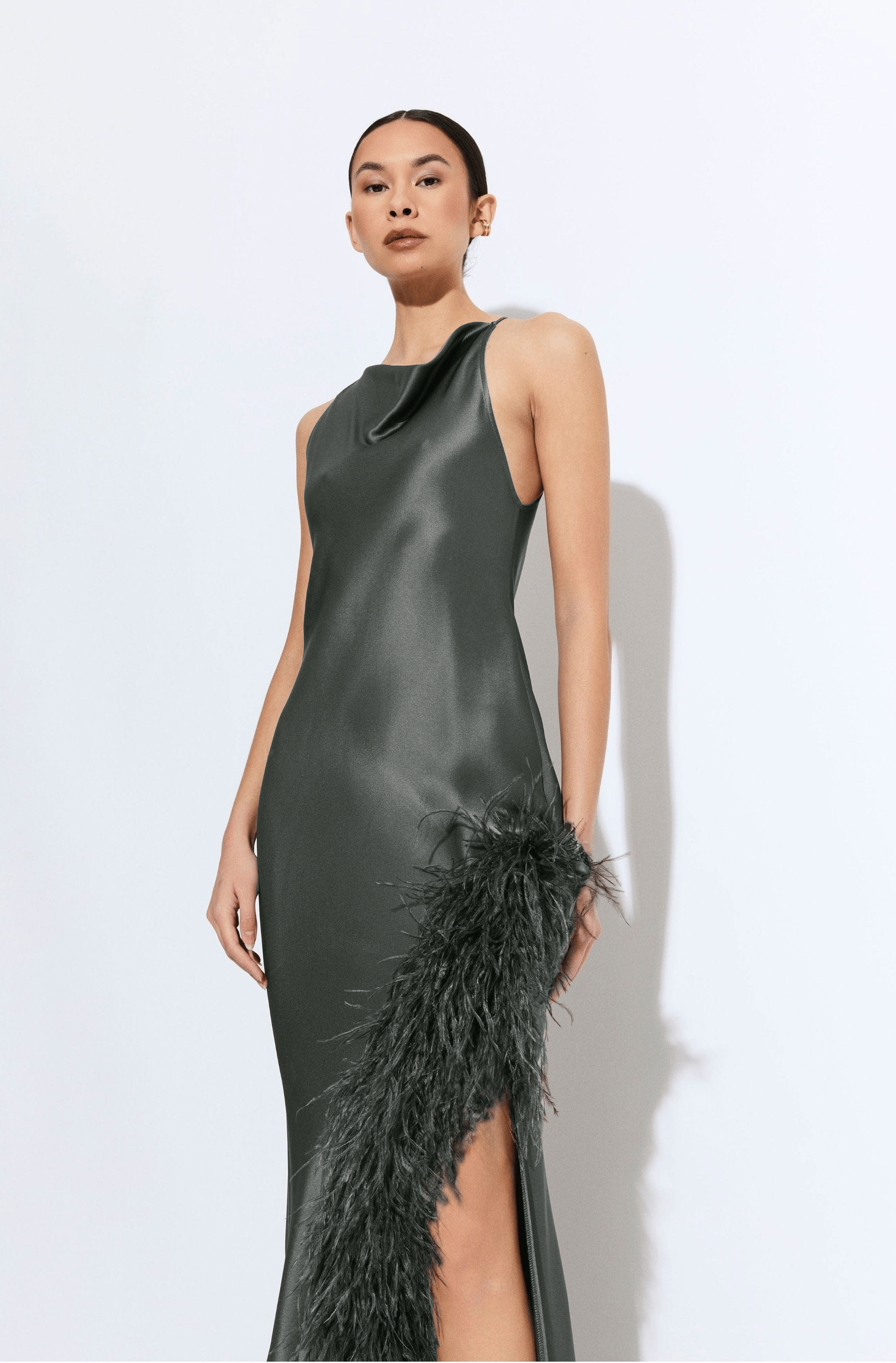 Satin Halter Gown With Feathers - LAPOINTE