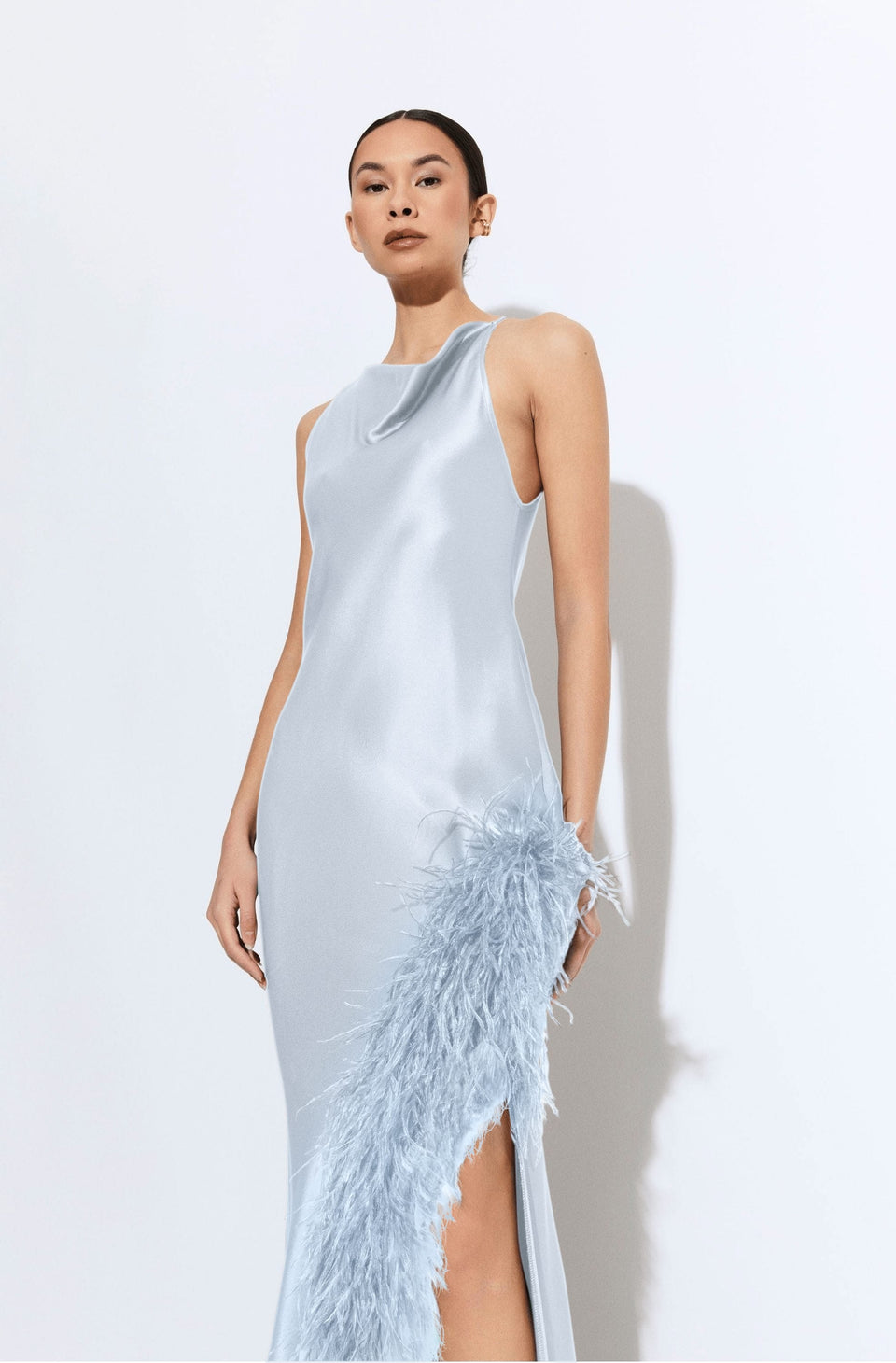 Satin Halter Gown With Feathers - LAPOINTE