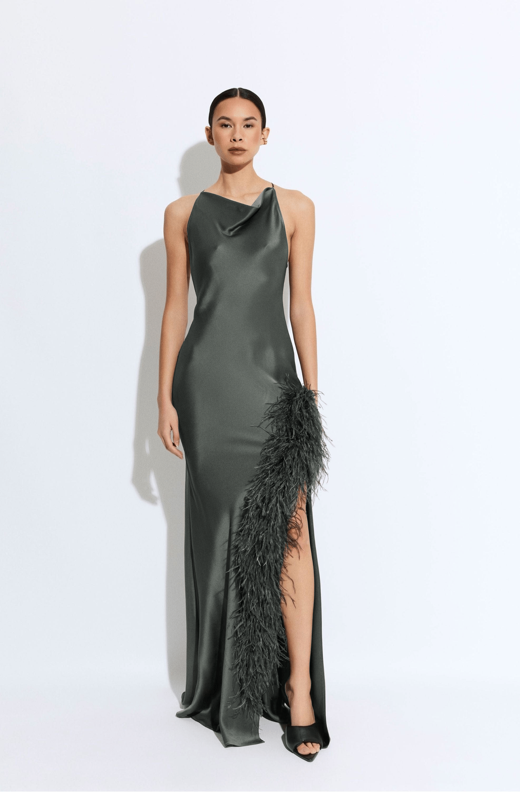 LAPOINTE Satin Halter Gown With Feathers | Pine / 2 LAPOINTE Satin Halter Gown With Feathers | Pine / 2