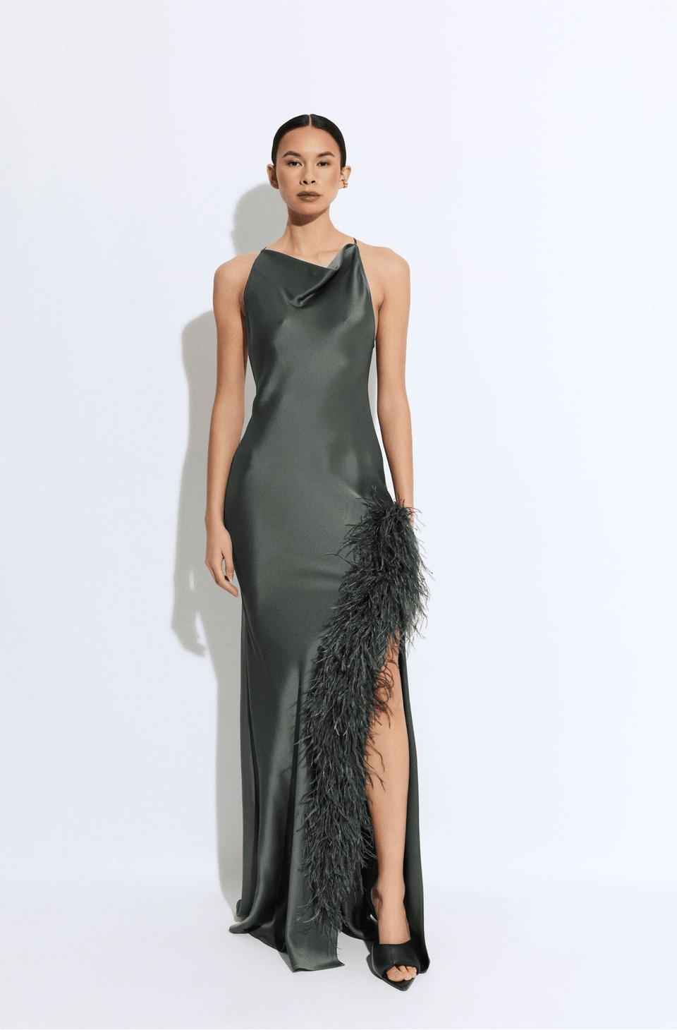 Satin Halter Gown With Feathers - LAPOINTE