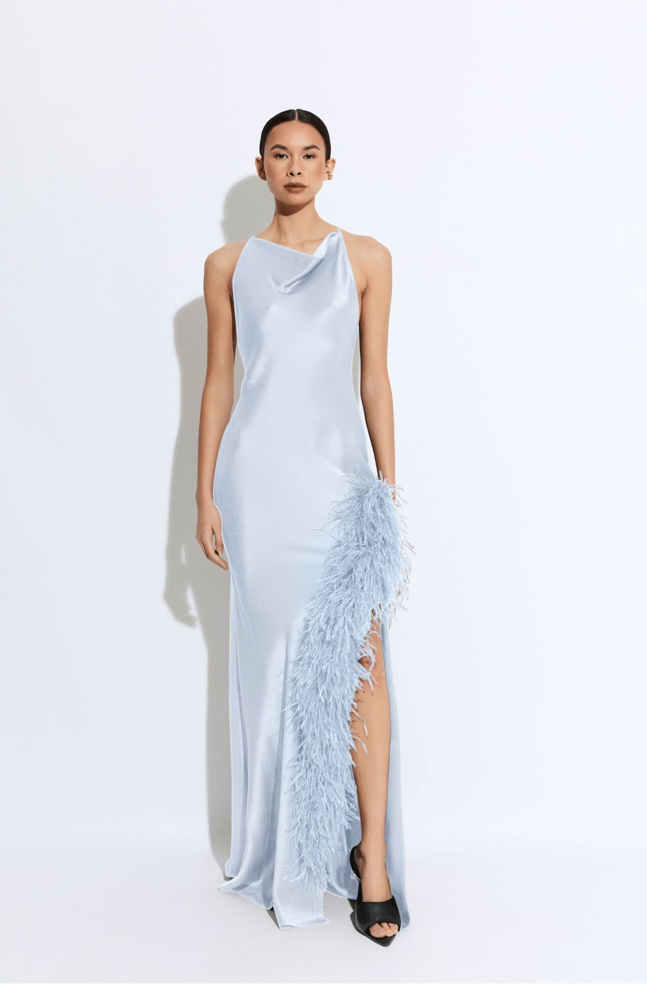 Satin Halter Gown With Feathers - LAPOINTE