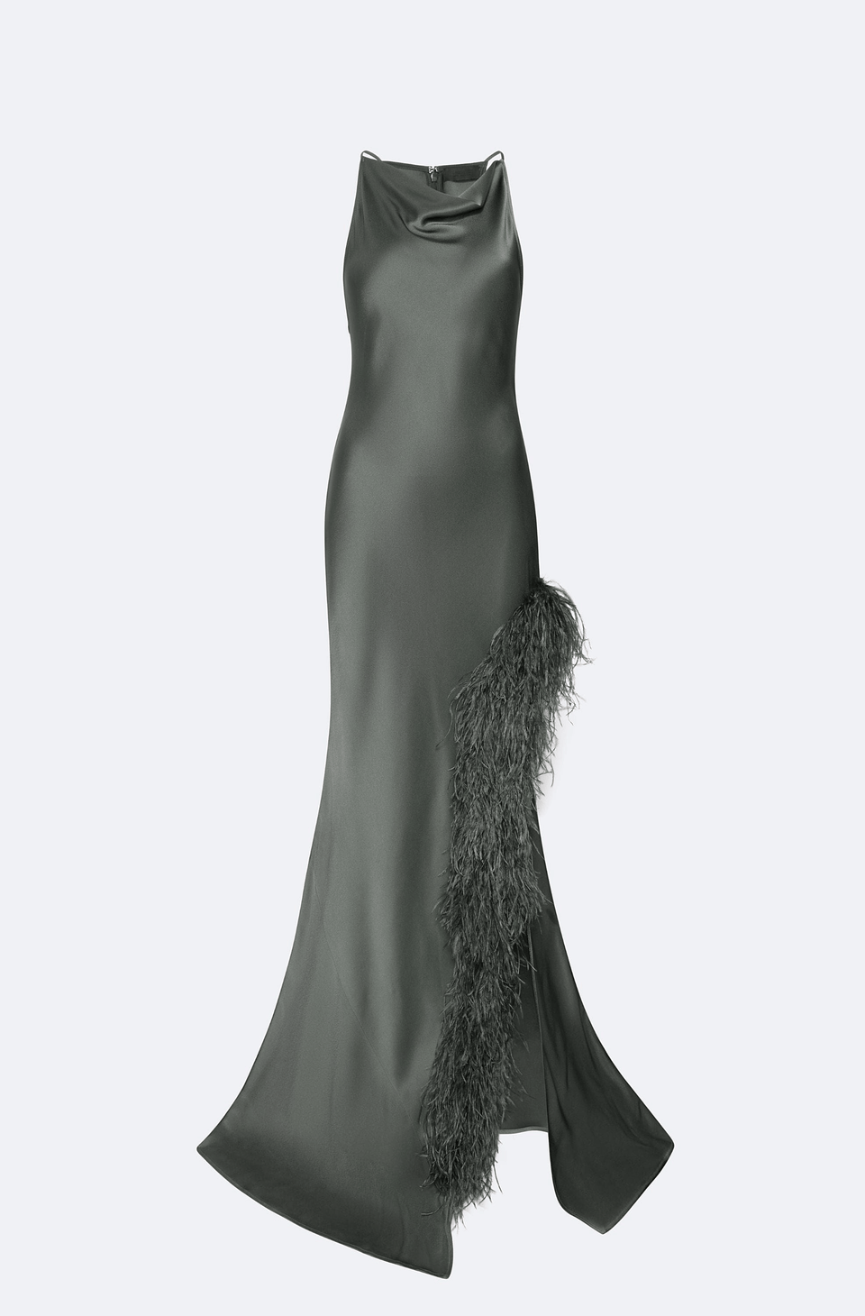 Satin Halter Gown With Feathers - LAPOINTE