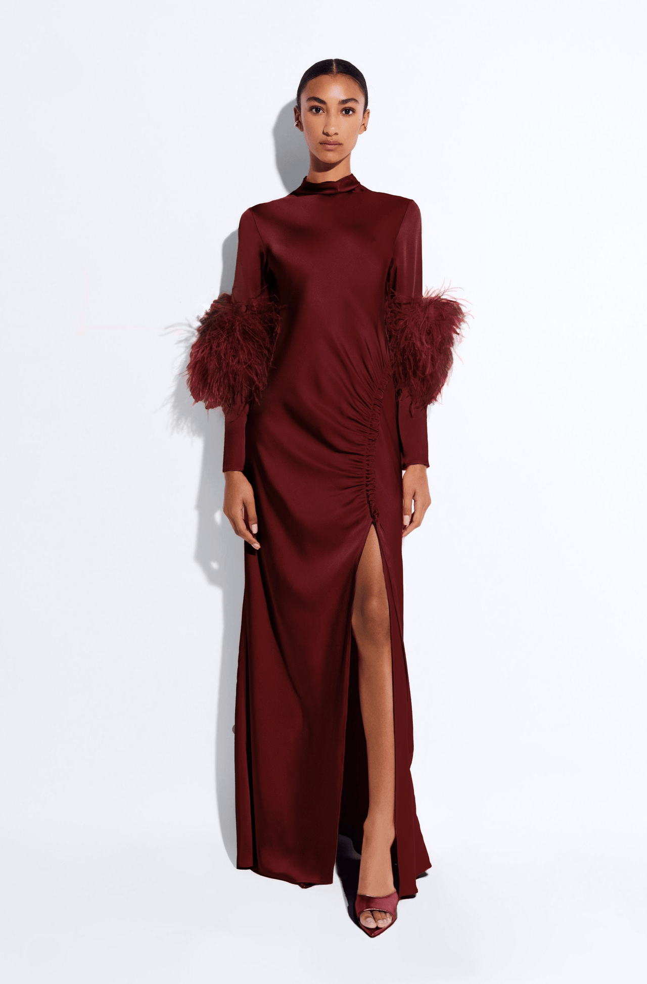 Satin Tab Gown With Feathers - LAPOINTE