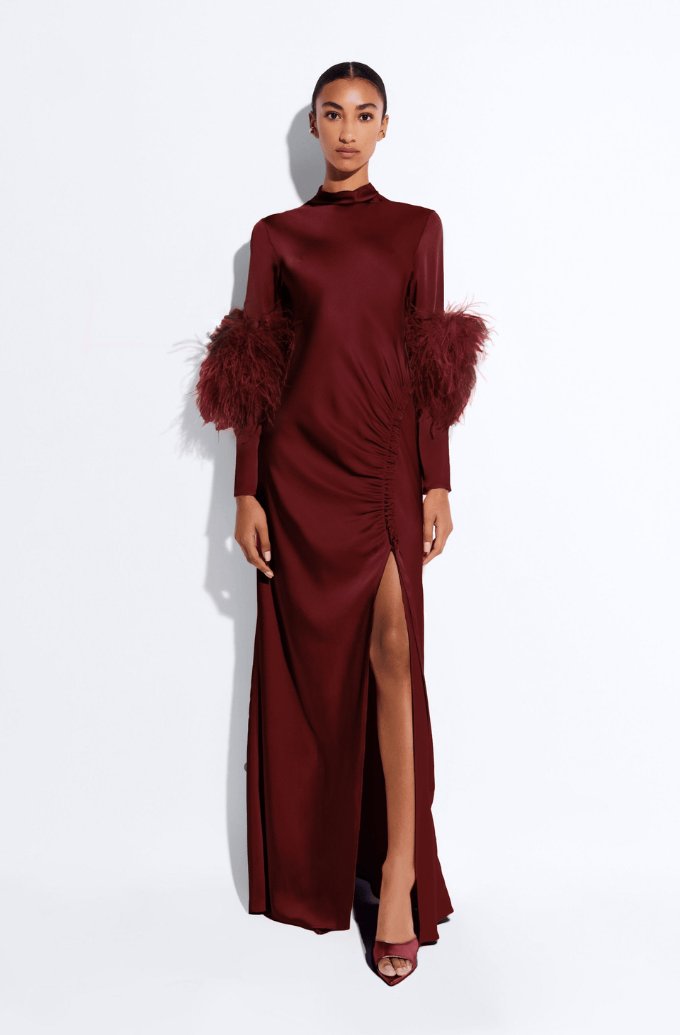 Satin Tab Gown With Feathers - LAPOINTE