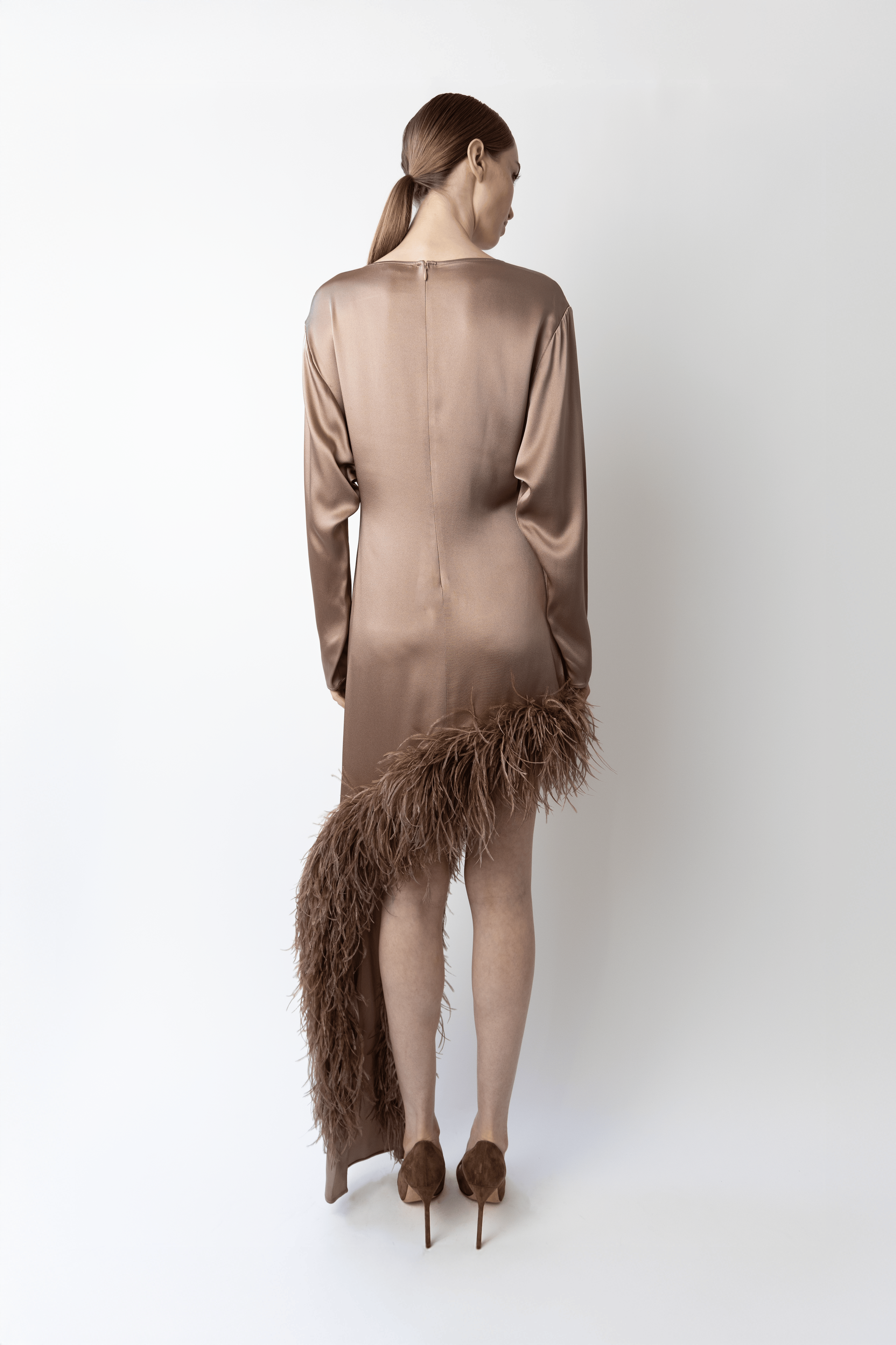Satin Asymmetrical Dress With Feathers - LAPOINTE