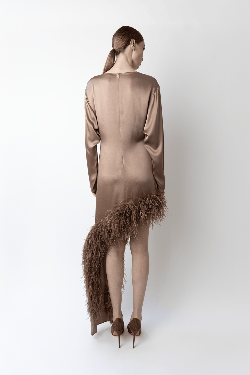 Satin Asymmetrical Dress With Feathers - LAPOINTE