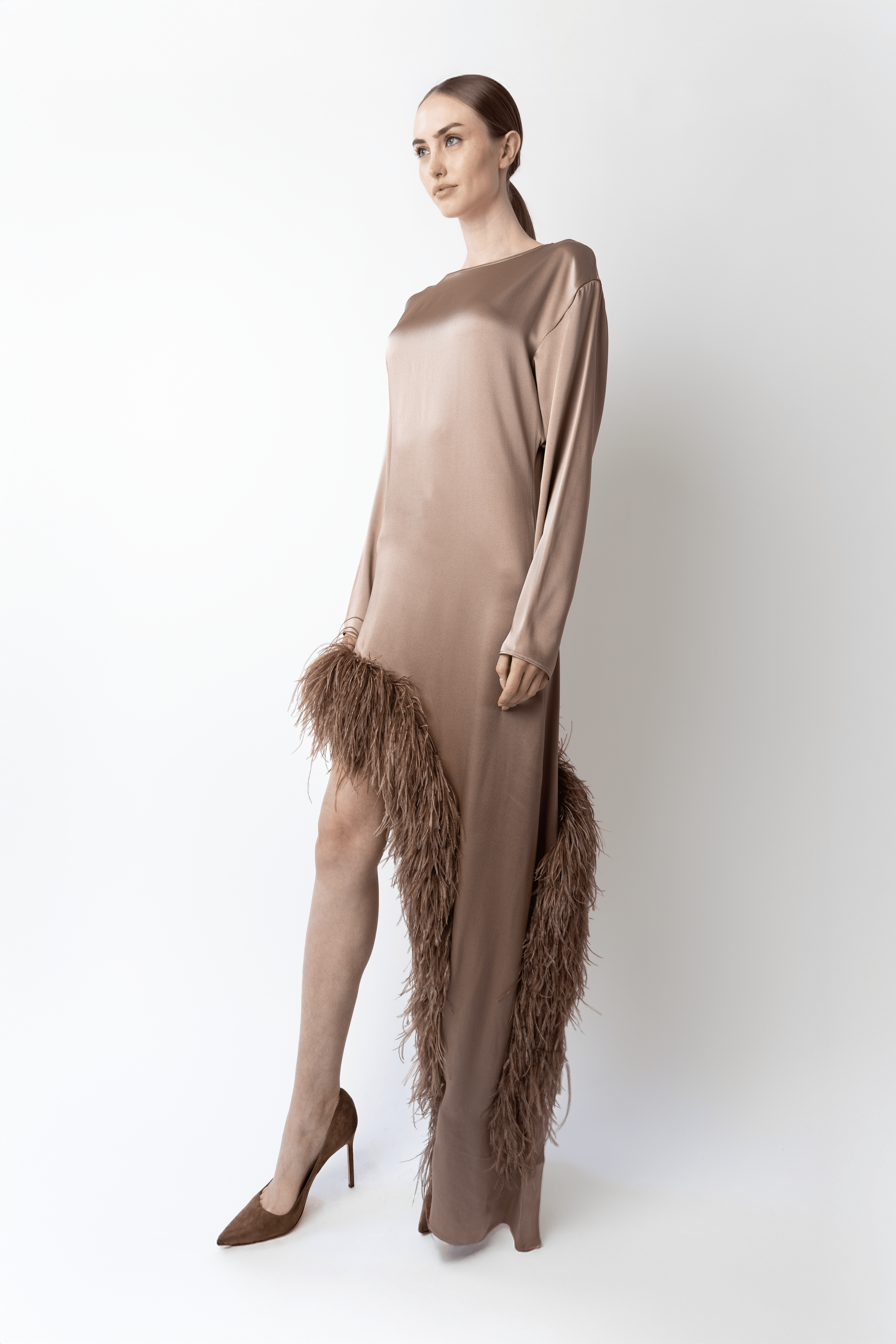 Satin Asymmetrical Dress With Feathers in Oat Tan