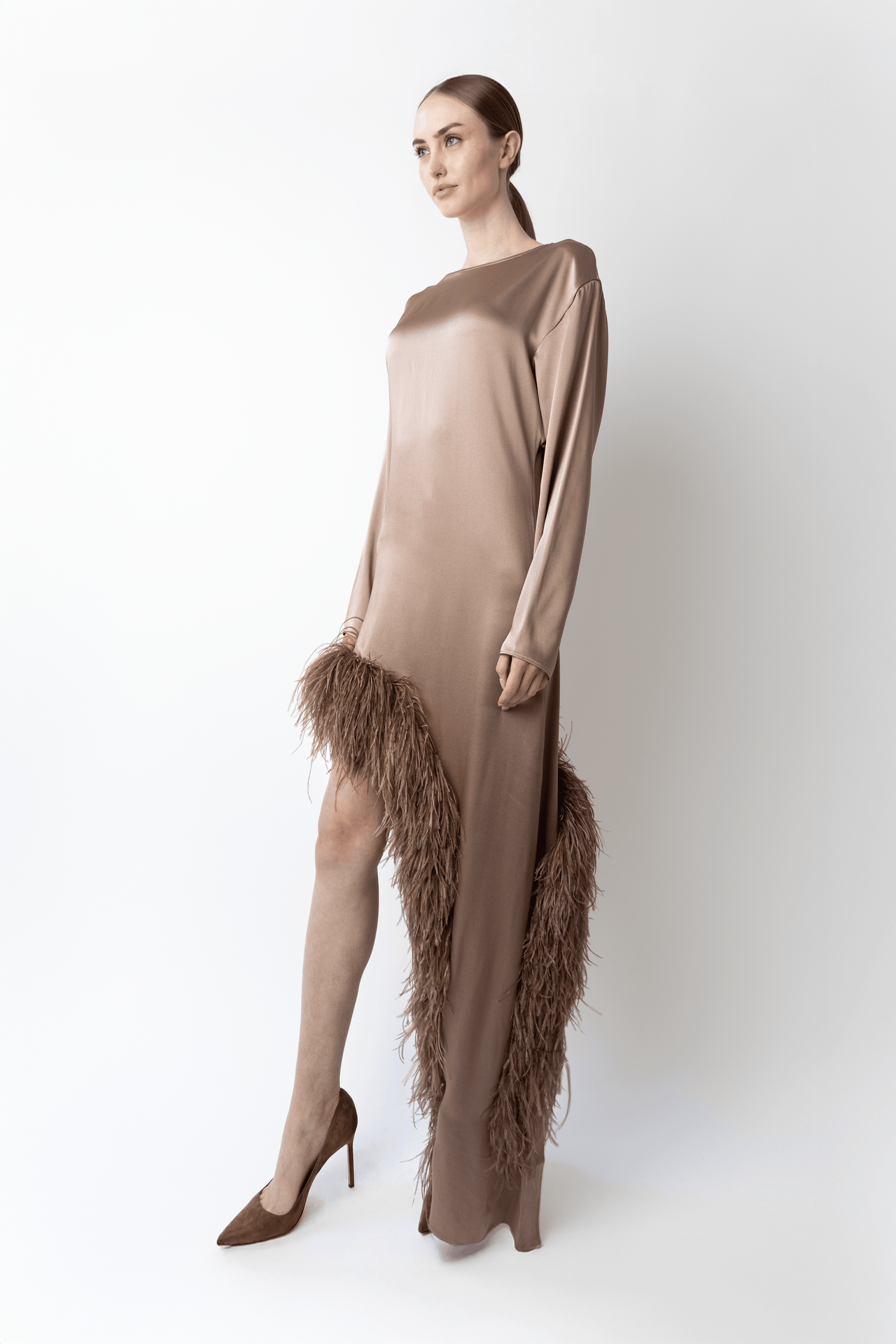 Satin Asymmetrical Dress With Feathers - LAPOINTE