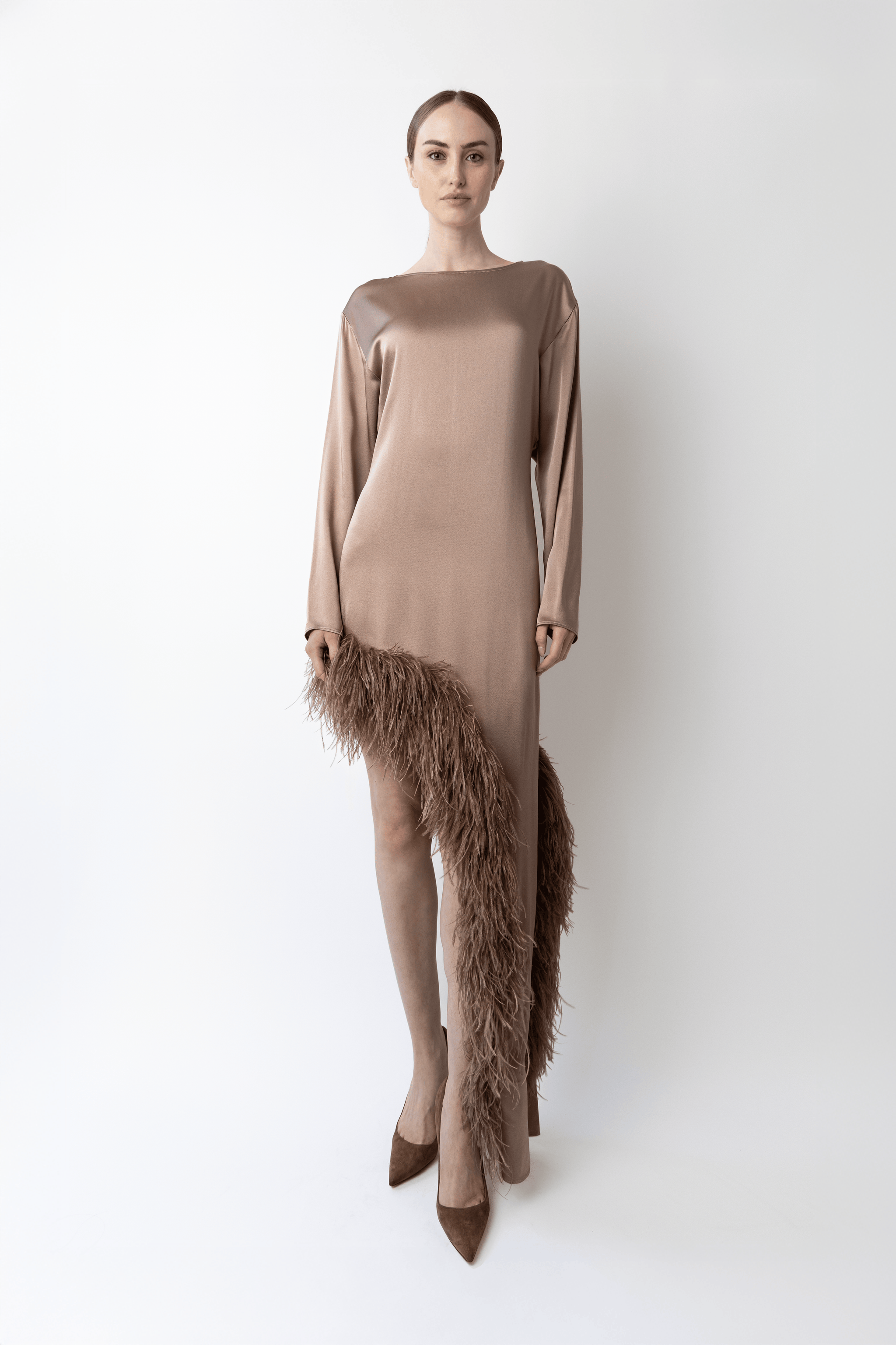 LAPOINTE Satin Asymmetrical Dress With Feathers | Oat / 0 LAPOINTE Satin Asymmetrical Dress With Feathers | Oat / 0