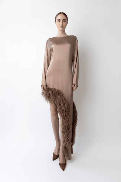 LAPOINTE Satin Asymmetrical Dress With Feathers | Oat / 0 LAPOINTE Satin Asymmetrical Dress With Feathers | Oat / 0
