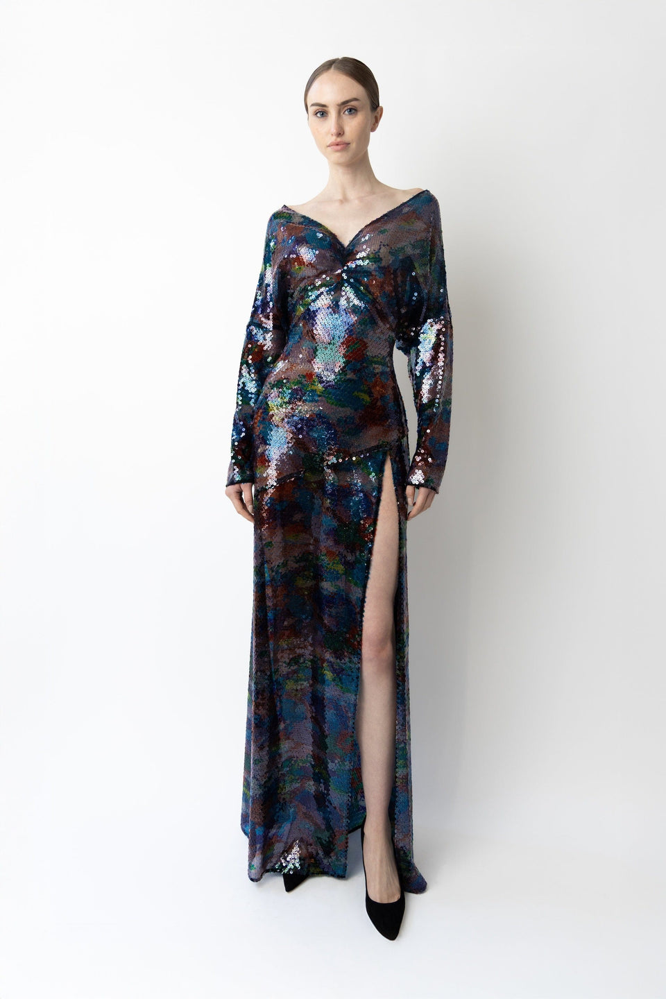 Watercolor Sequin V Neck Gown