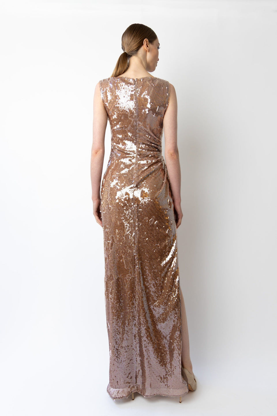 Sheer Sequin Ruched Gown With Slit