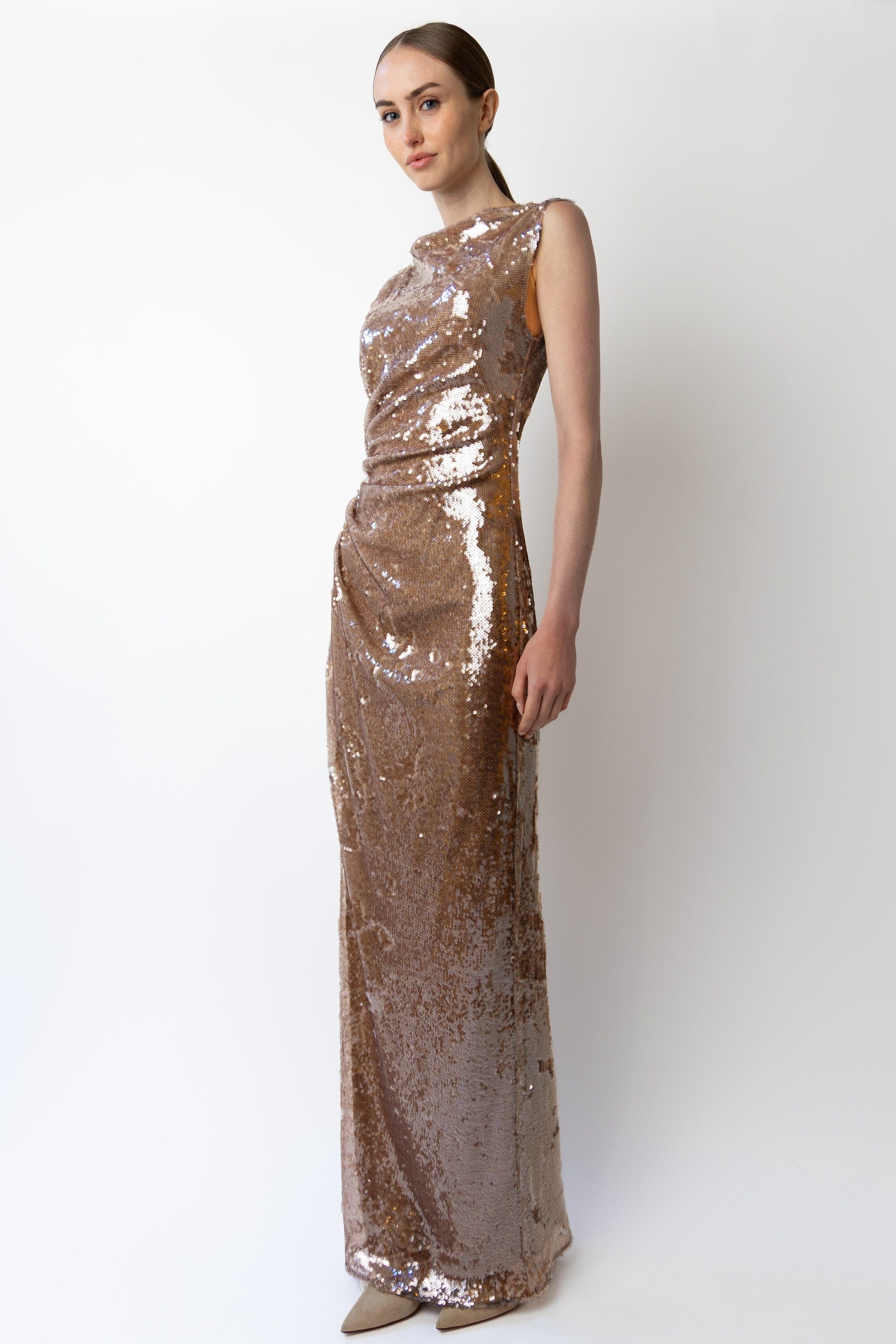 Sheer Sequin Ruched Gown With Slit - LAPOINTE