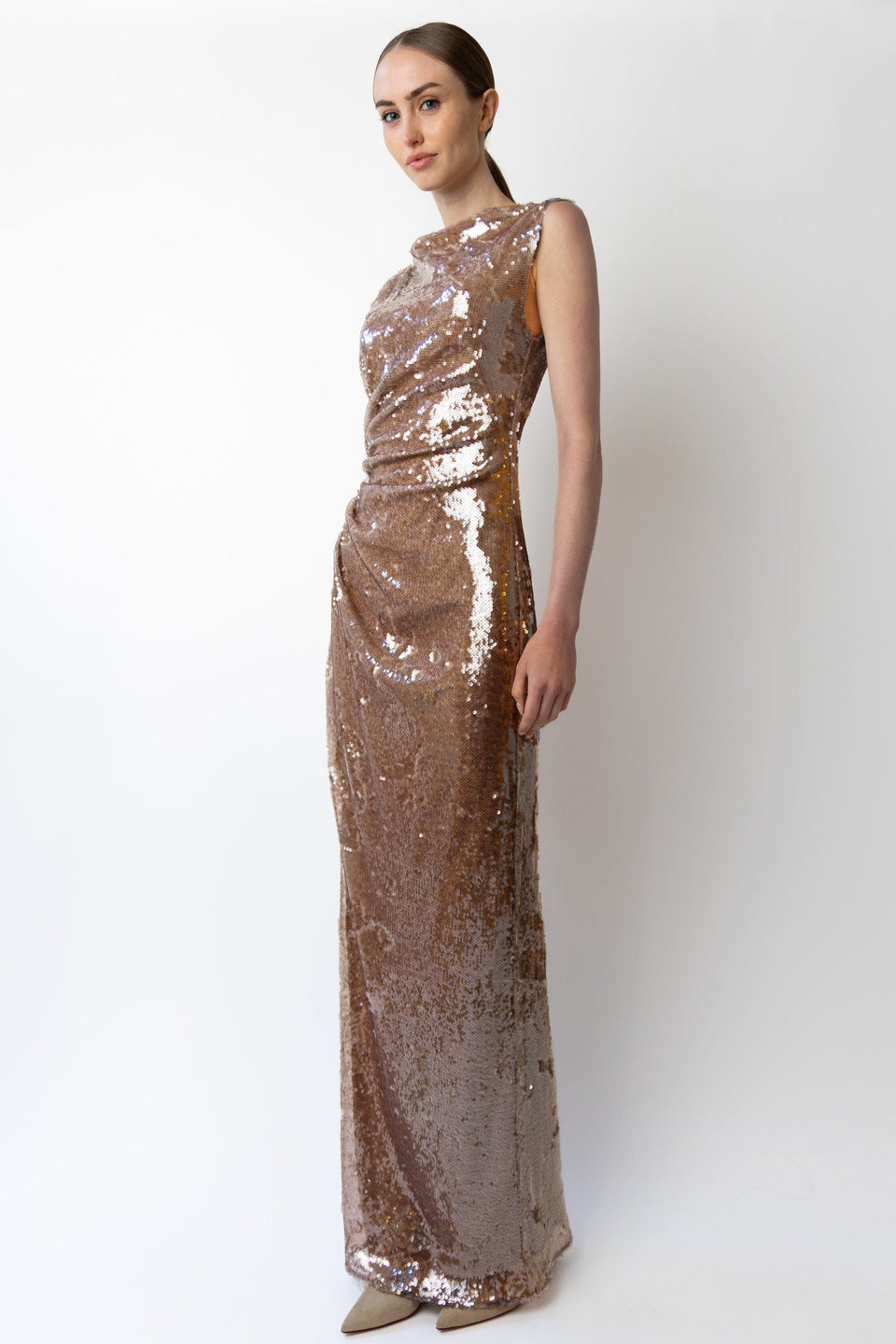Sheer Sequin Ruched Gown With Slit