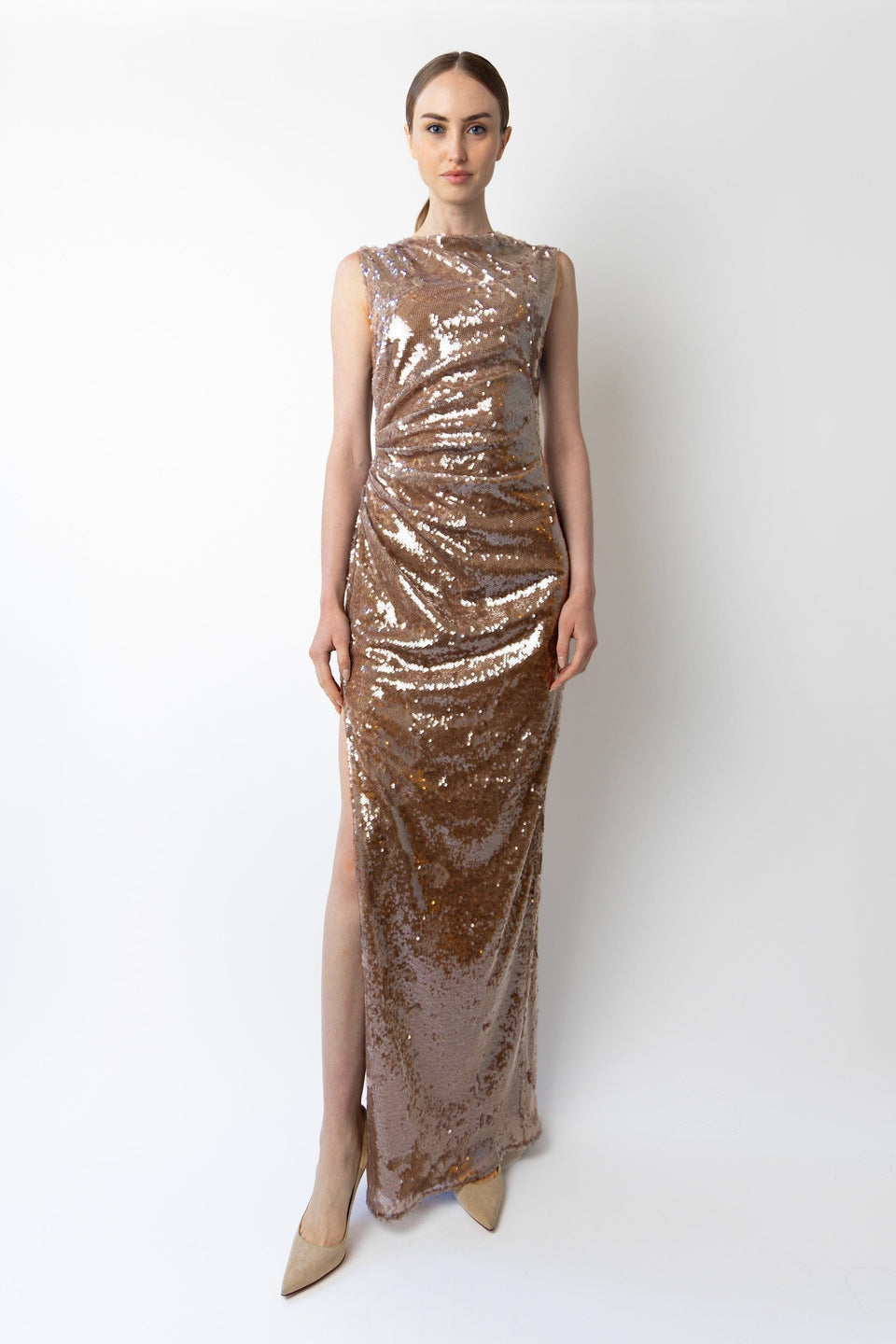 Sheer Sequin Ruched Gown With Slit