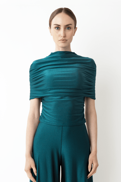 Shine Jersey Mock Neck Ruched Top in Dark teal Blue | LAPOINTE