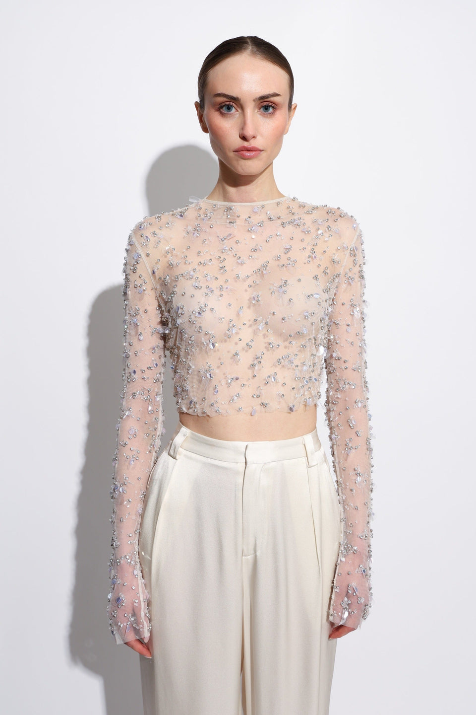 Embroidered Mesh Cropped Top - LAPOINTE