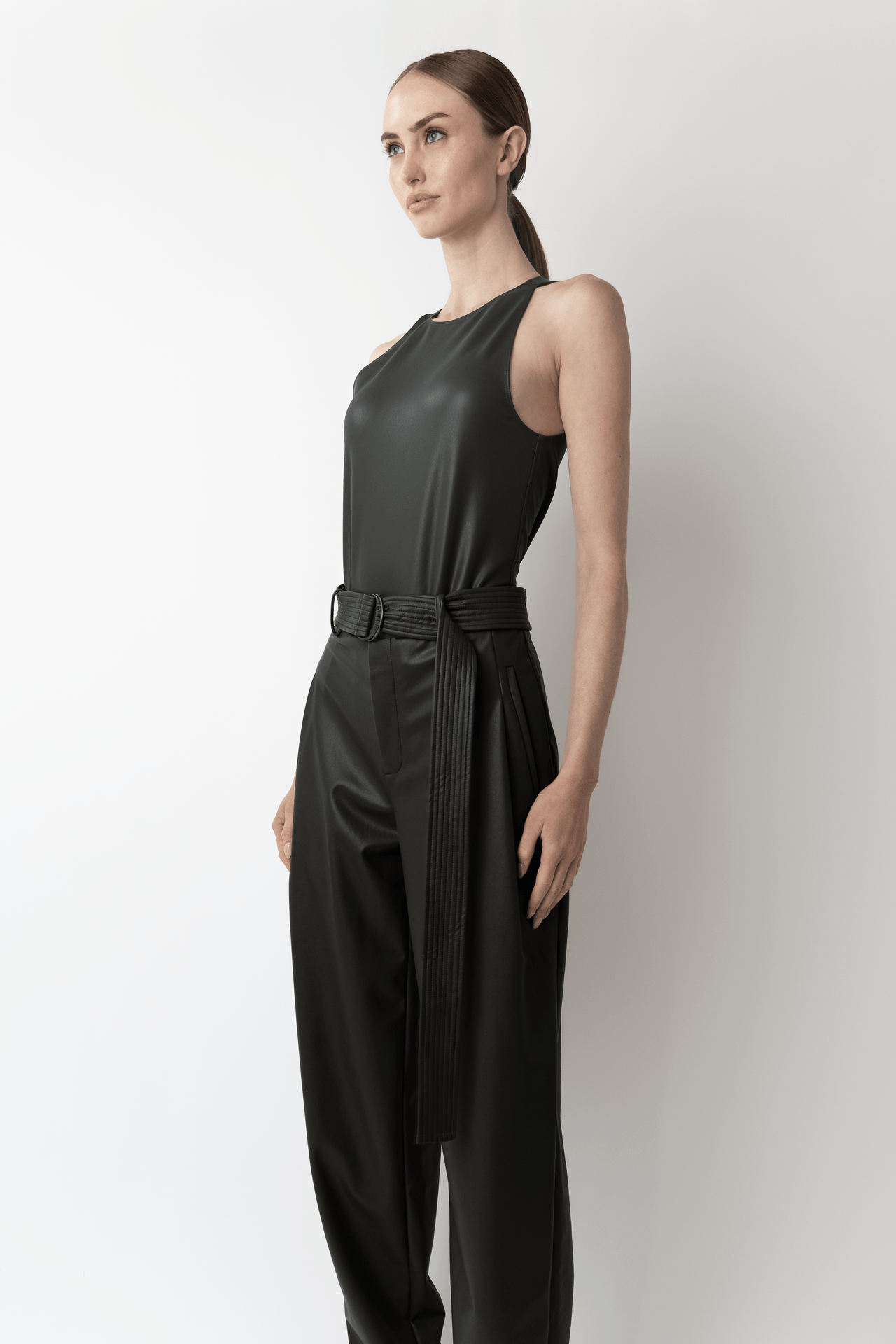 Stretch Faux Leather Belted Tapered Trouser - LAPOINTE