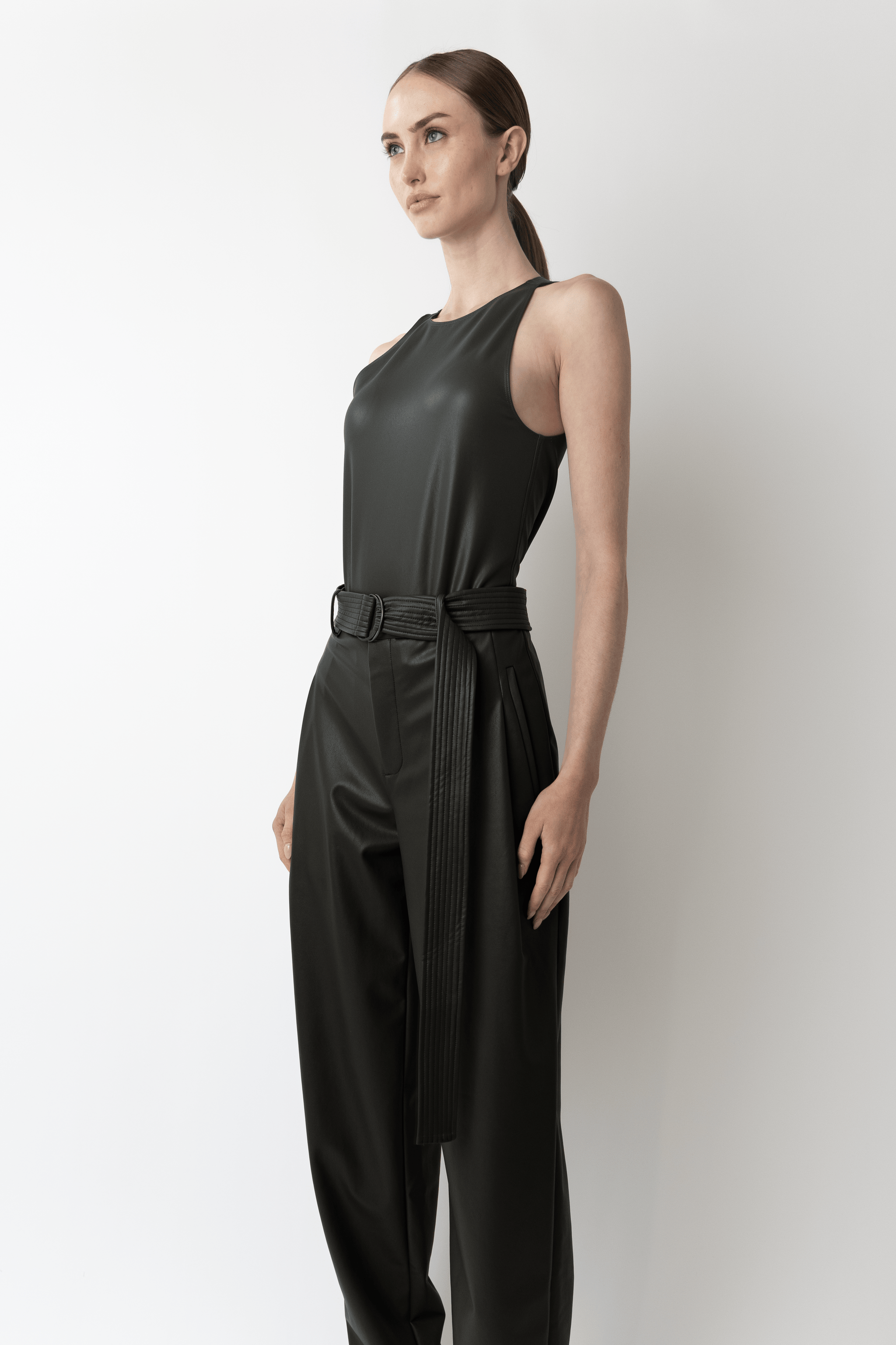 Stretch Faux Leather Belted Tapered Trouser - LAPOINTE