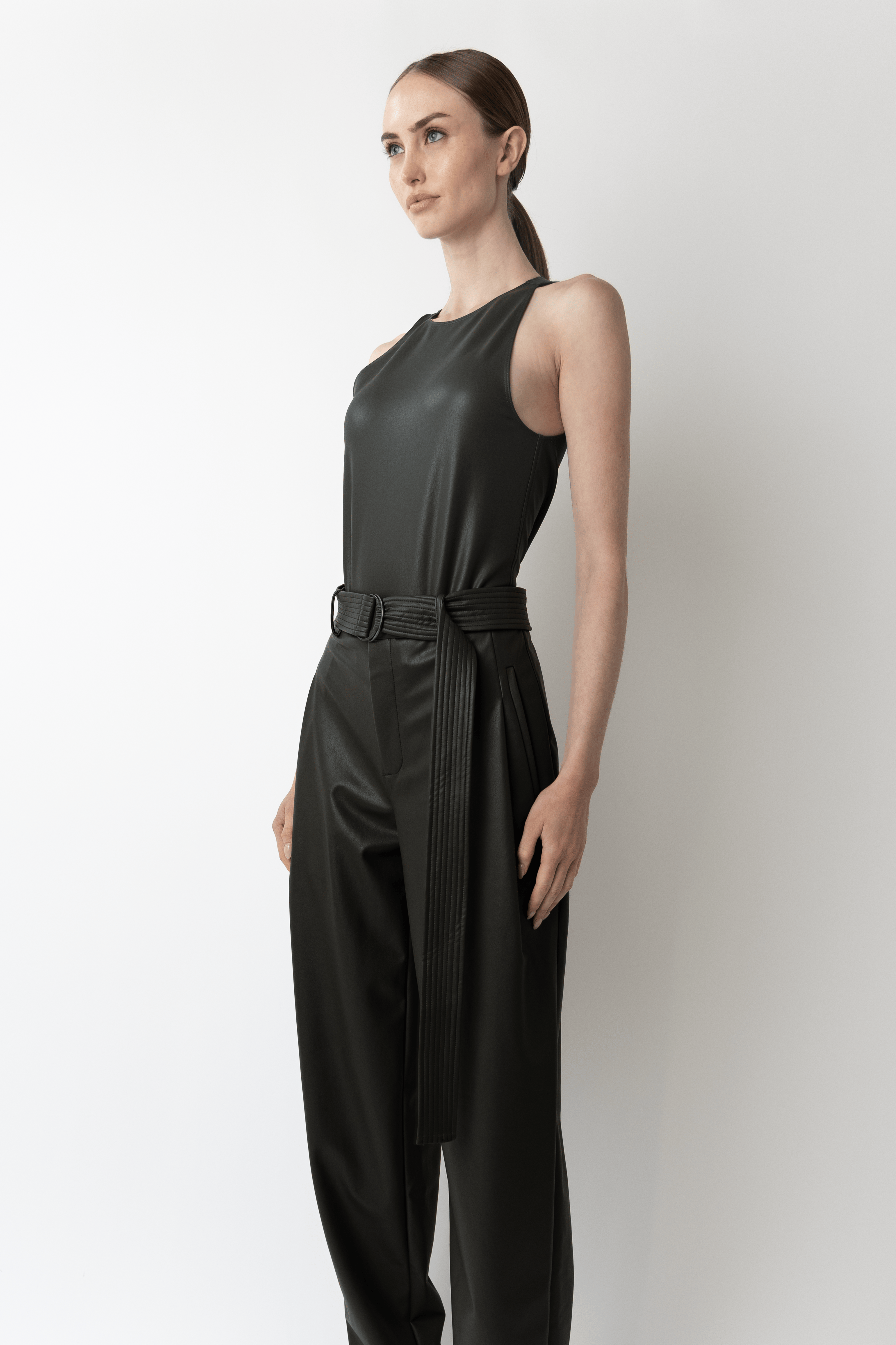 Stretch Faux Leather Belted Tapered Trouser - LAPOINTE