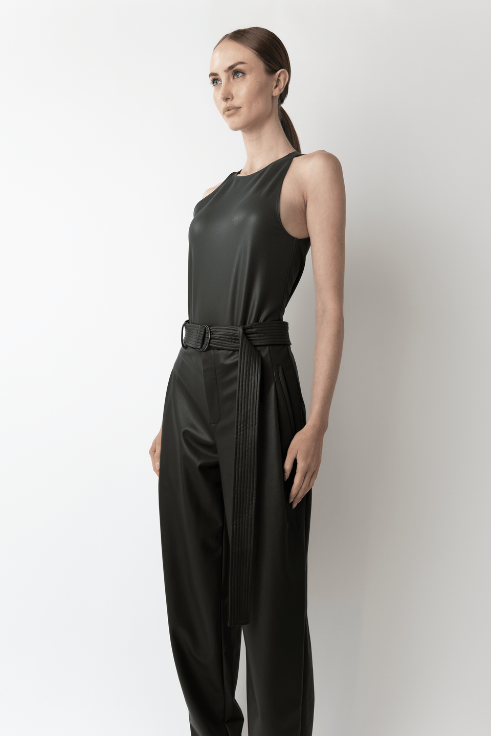 Stretch Faux Leather Belted Tapered Trouser - LAPOINTE