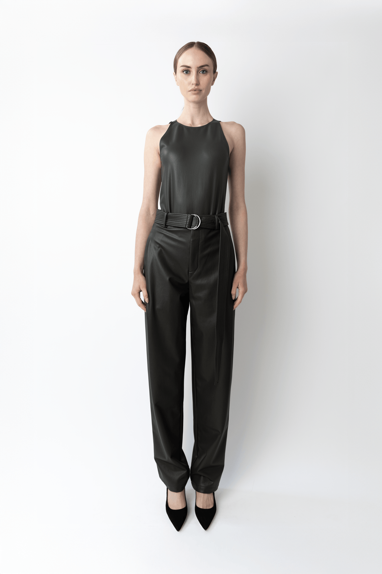 Stretch Faux Leather Belted Tapered Trouser - LAPOINTE