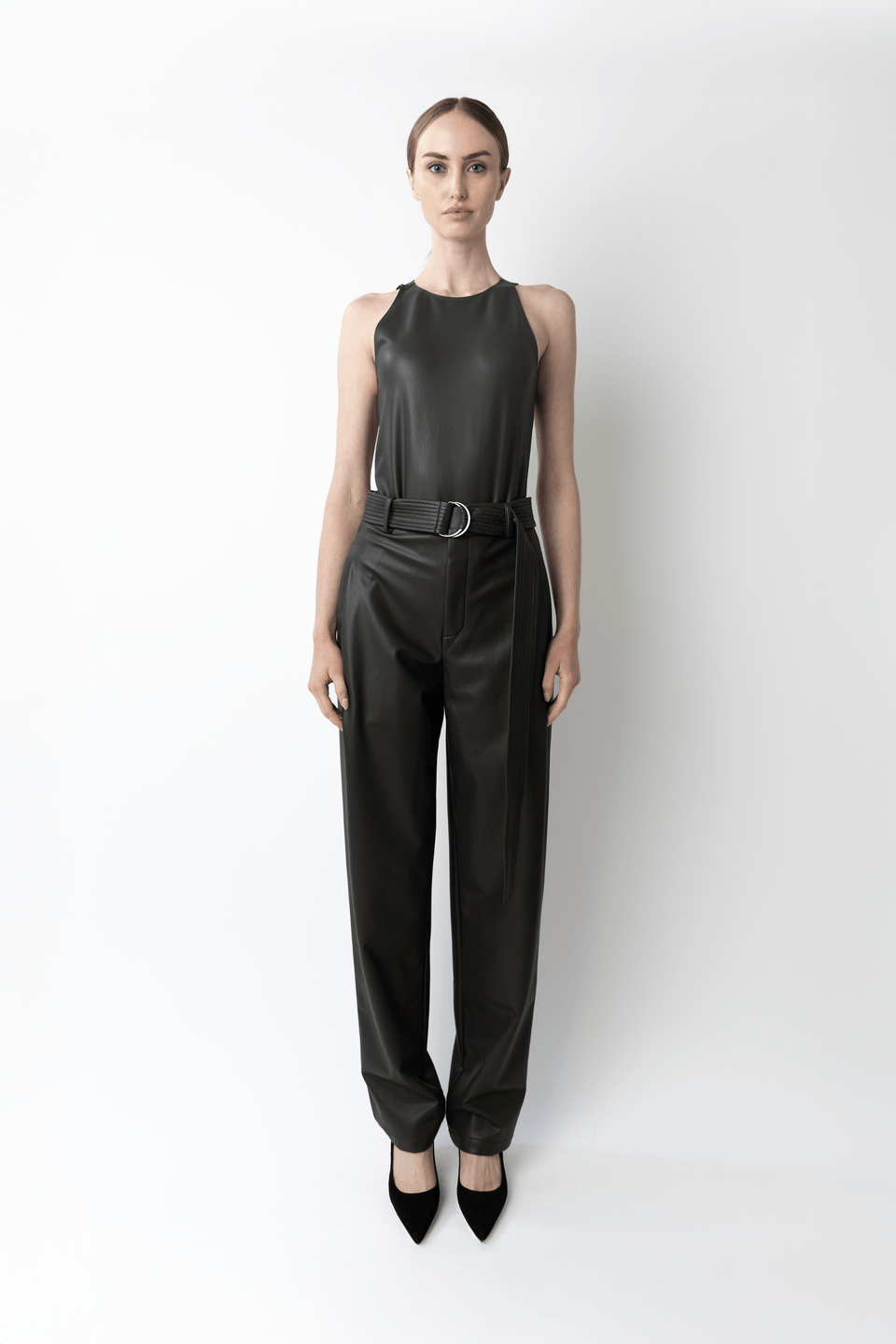 Stretch Faux Leather Belted Tapered Trouser - LAPOINTE