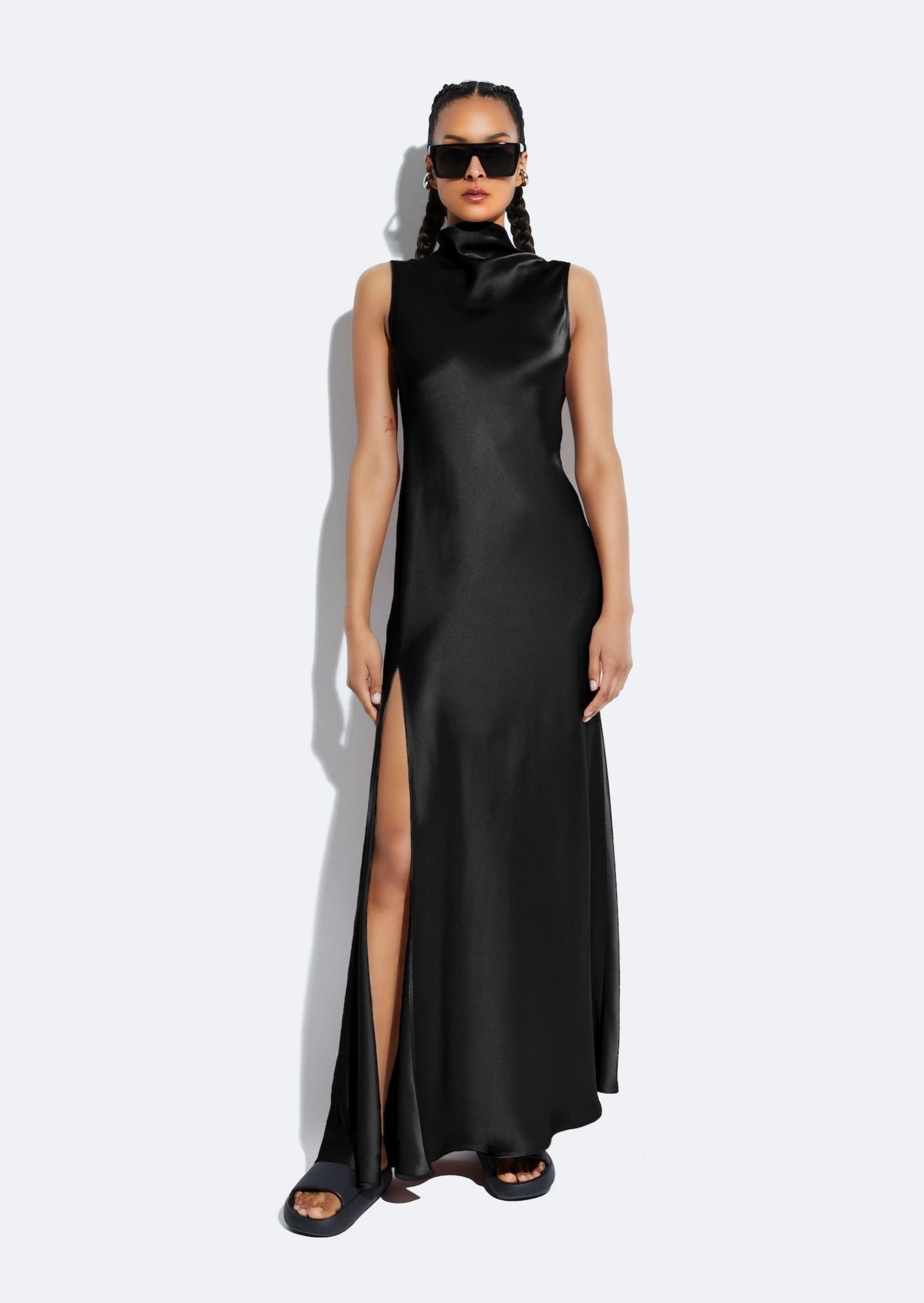Satin Drape Neck Sleeveless Dress in Black Black | LAPOINTE Satin Drape Neck Sleeveless Dress in Black Black | LAPOINTE