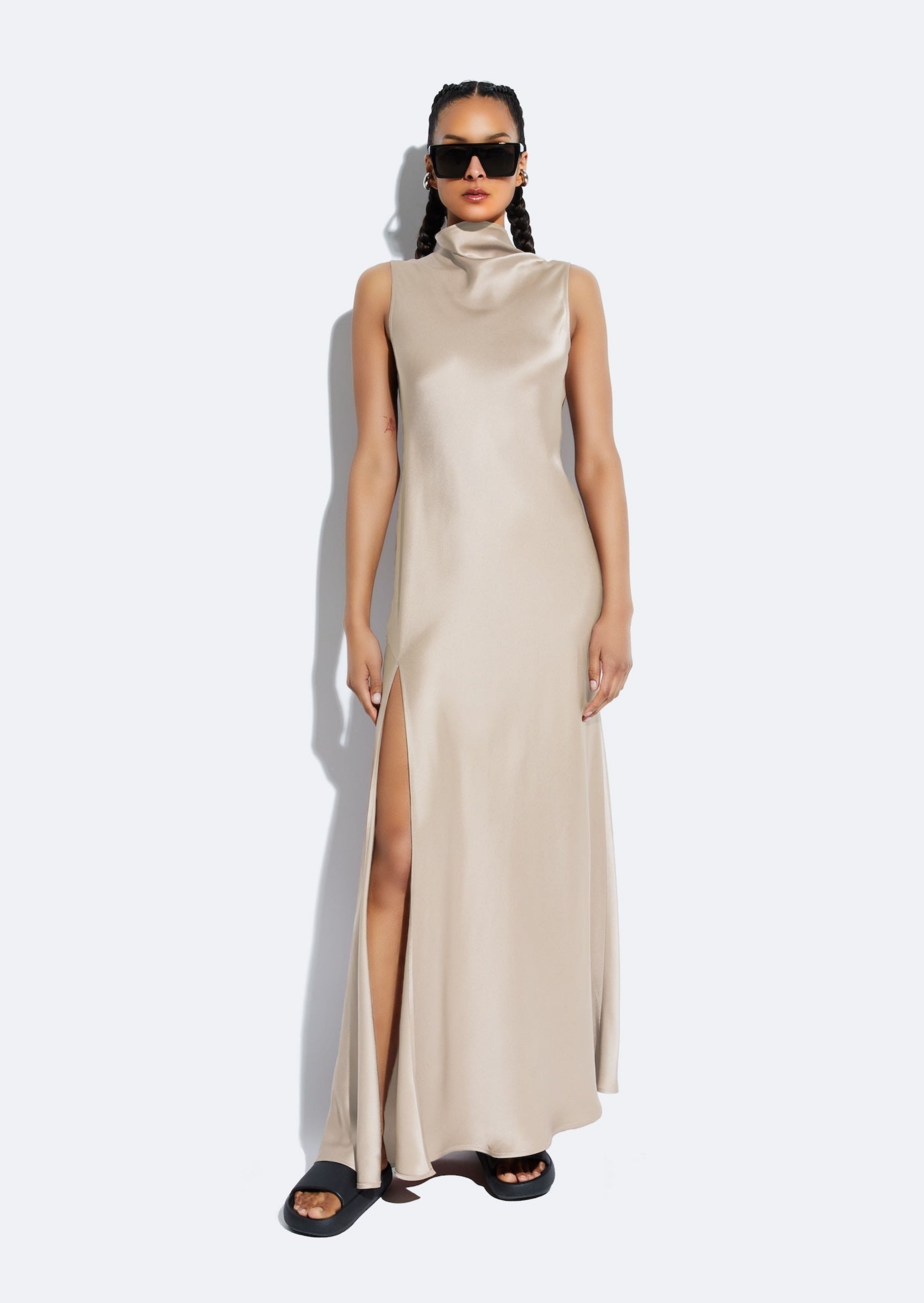 Satin Drape Neck Sleeveless Dress