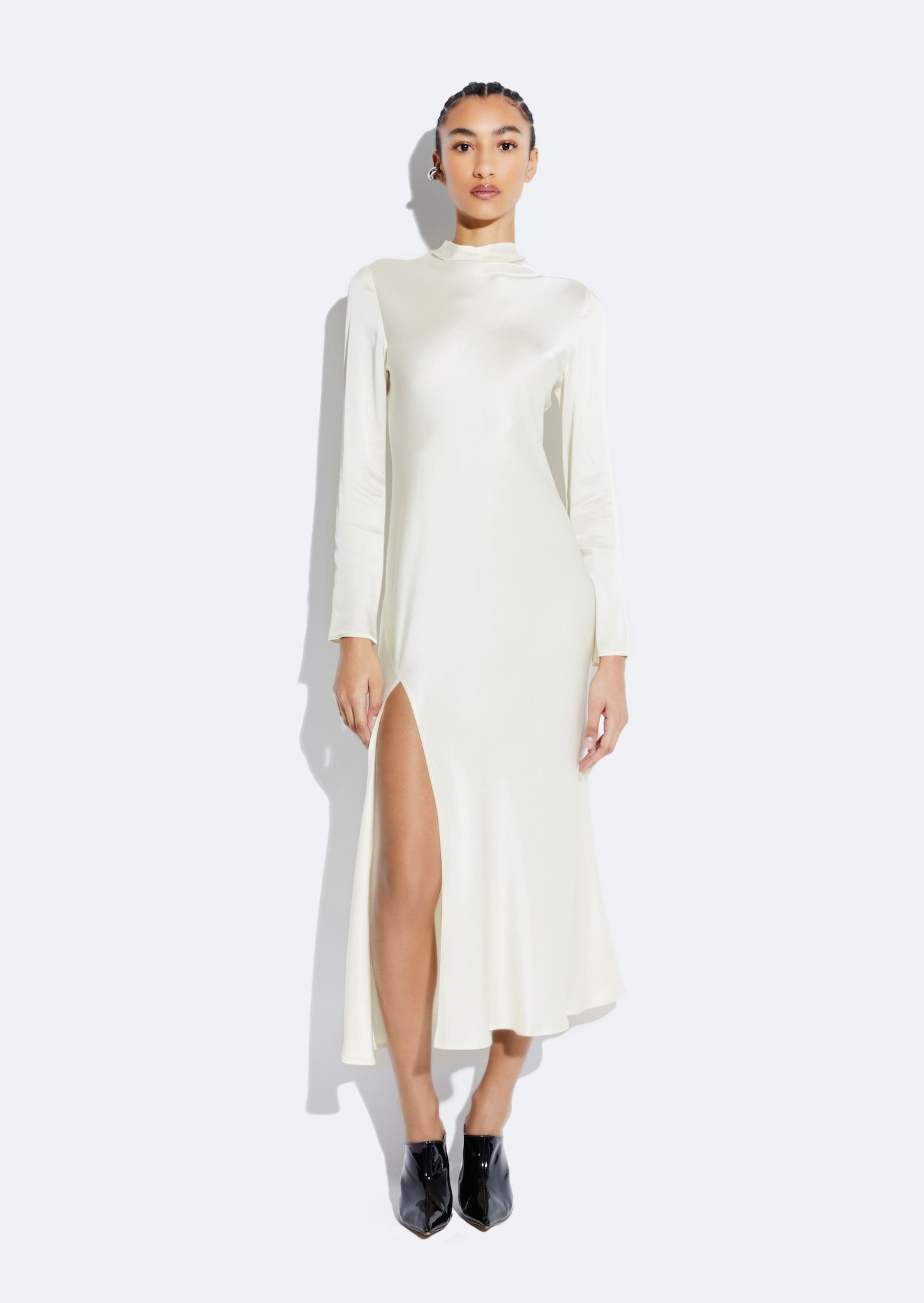 Satin Draped Neck Dress in Cream Cream and Neutral | LAPOINTE