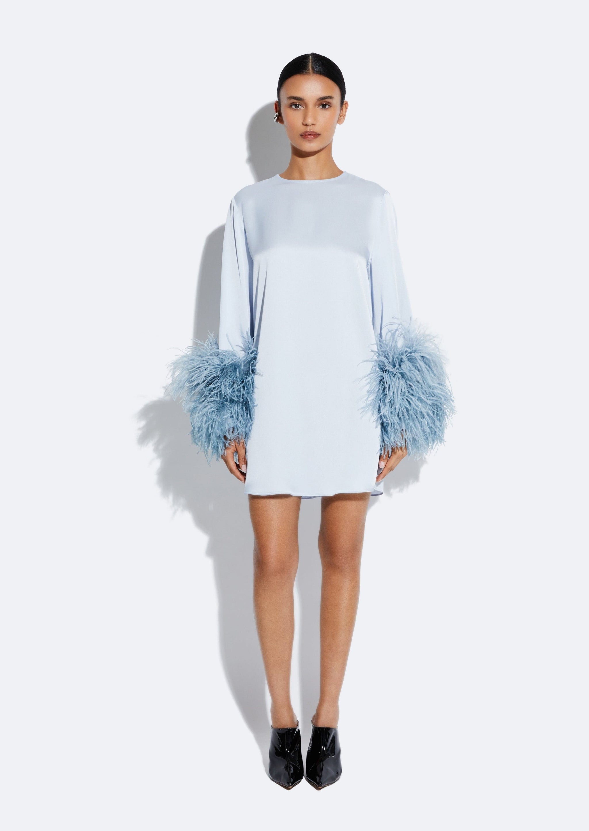 LAPOINTE Satin Dress With Feathers | Cloud / M LAPOINTE Satin Dress With Feathers | Cloud / M