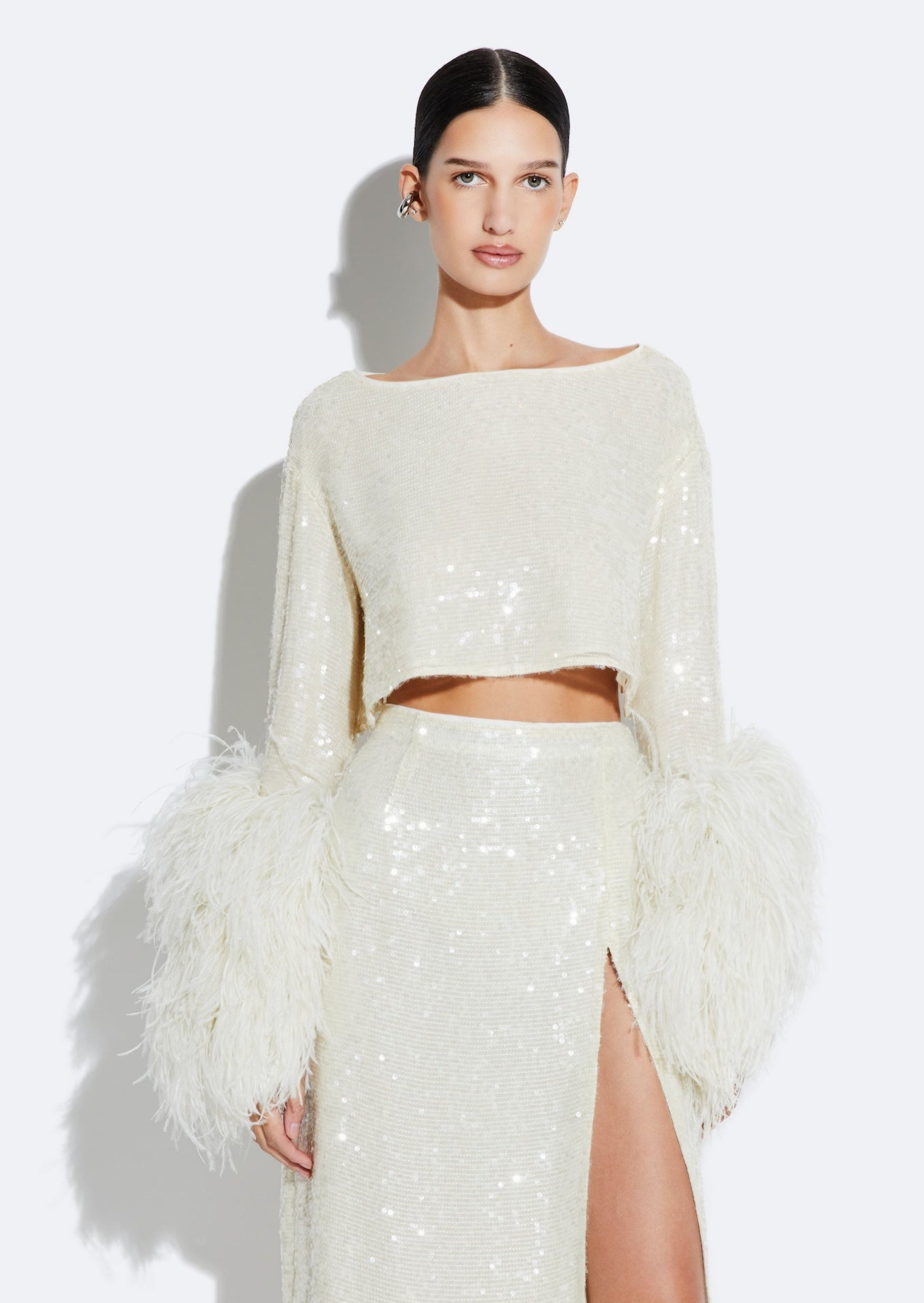 Sequin Cropped Top With Feathers